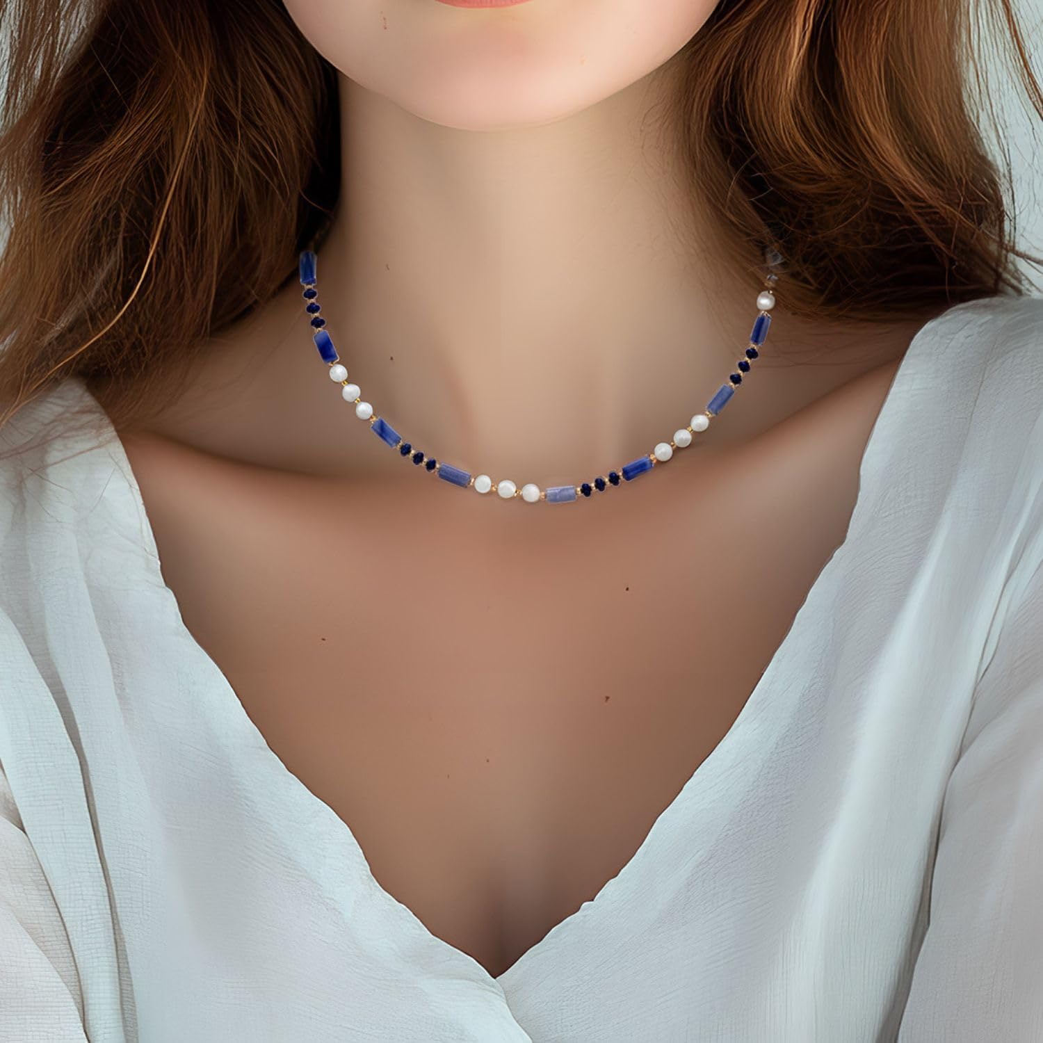 Blue Beaded Necklace for Women Colorful Gemstone Boho Bead Choker White Natural Stone Necklace Bohemian Summer Jewelry Gift - Image 2