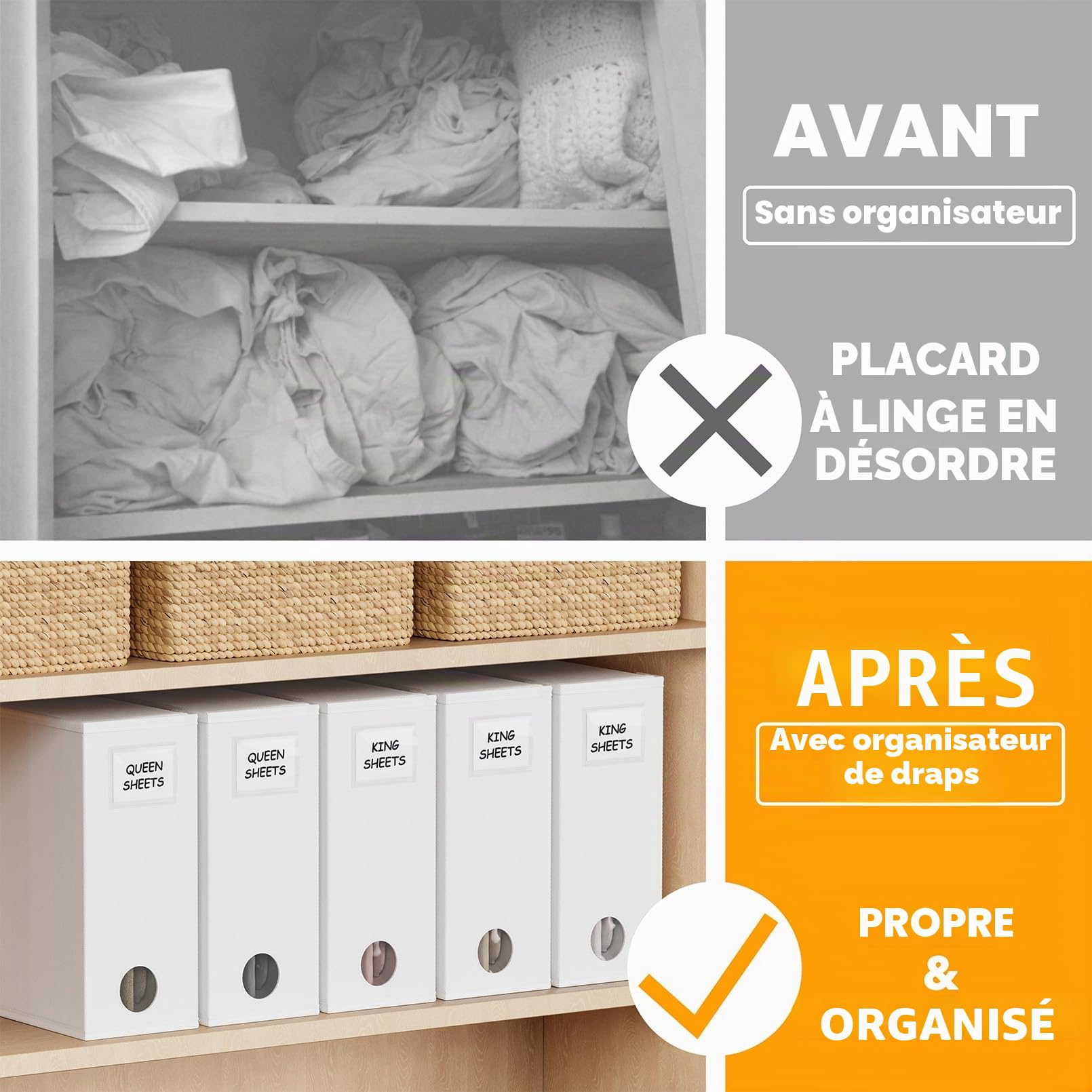 SpaceAid Lot de 5 organiseurs de draps de lit pliables pour placard en lin, ensemble de draps avec fenêtre XL (grand et très grand lit), blanc