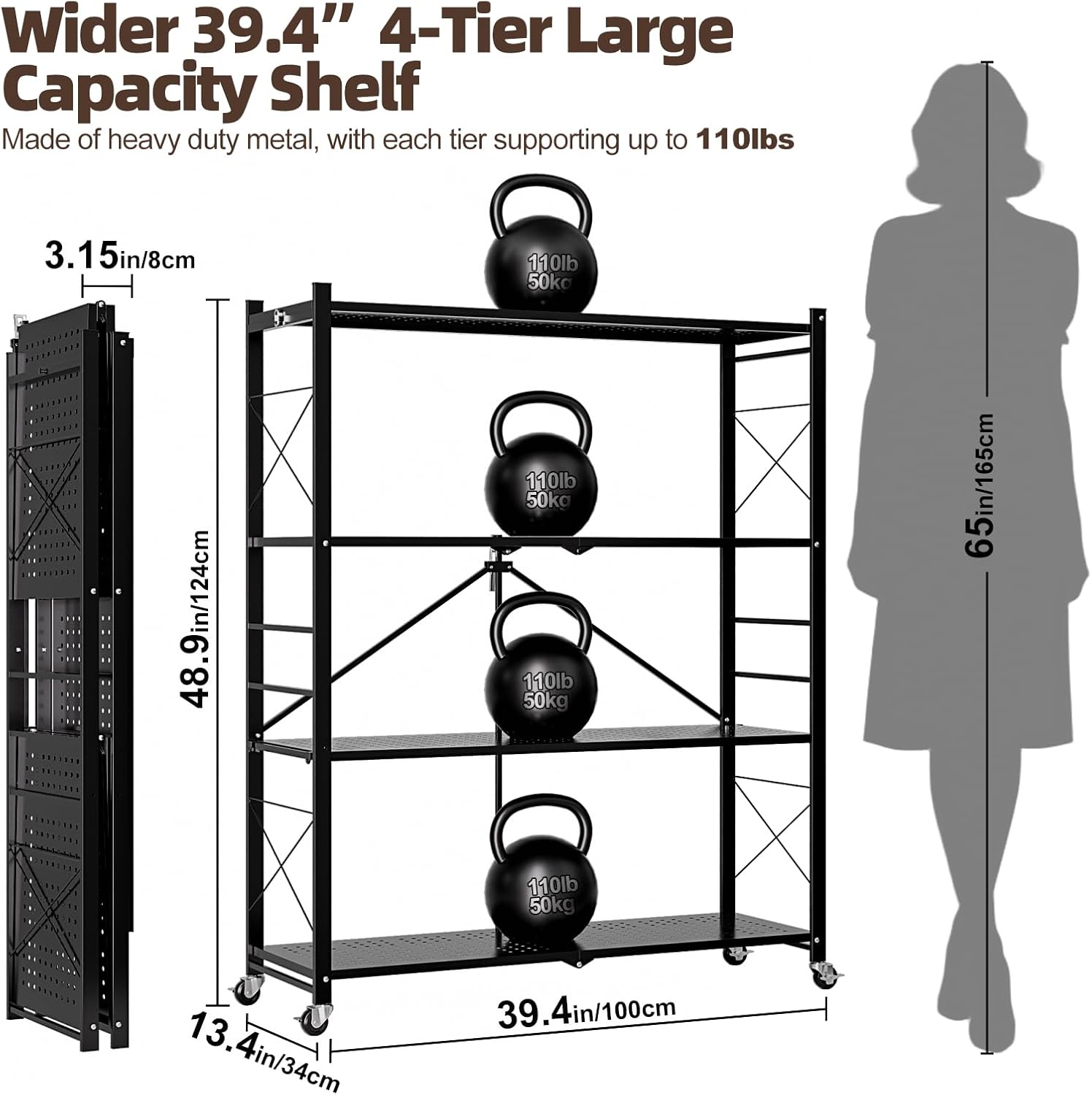 39.4" Wide 4-Tier Foldable Storage Shelves with 4 Wheels & 20 Hooks, Heavy Duty Metal Folding Shelf Unit, No Assembly, Adjustable 3rd Shelf for Kitchen, Garage, Pantry, Bookshelf, Black