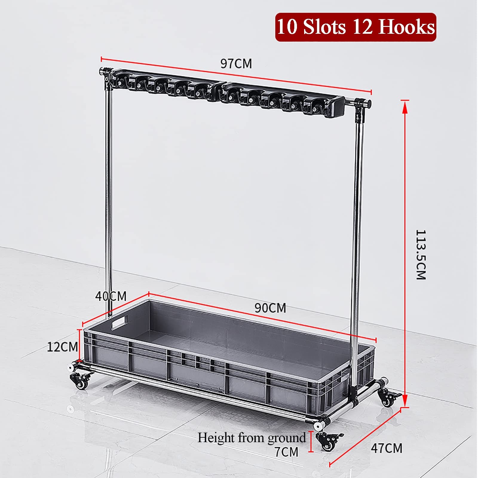 Soporte Móvil para Escobas Y Fregonas, Escurridor De Fregonas De Suelo, Carrito Multiusos para Herramientas De Limpieza, Organizador De Suministros De Limpieza, con Rueda,10slots