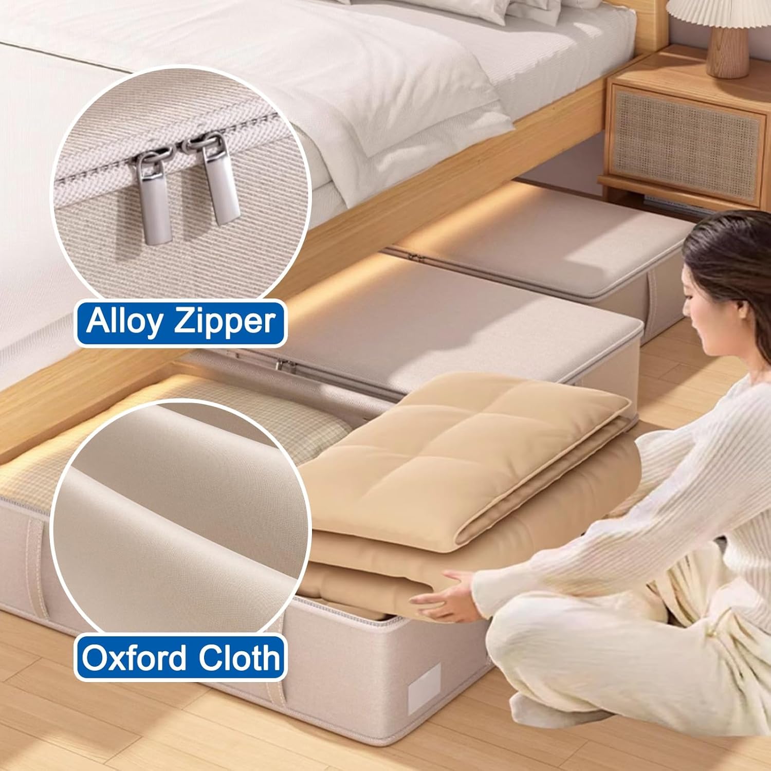 2 Pack Under Bed Storage Boxes, Foldable Under Bed Clothes Storage, Alloy Zipper, Humanized Handle, Ideal for Clothes, Quilt, Toys(Gray,Medium)