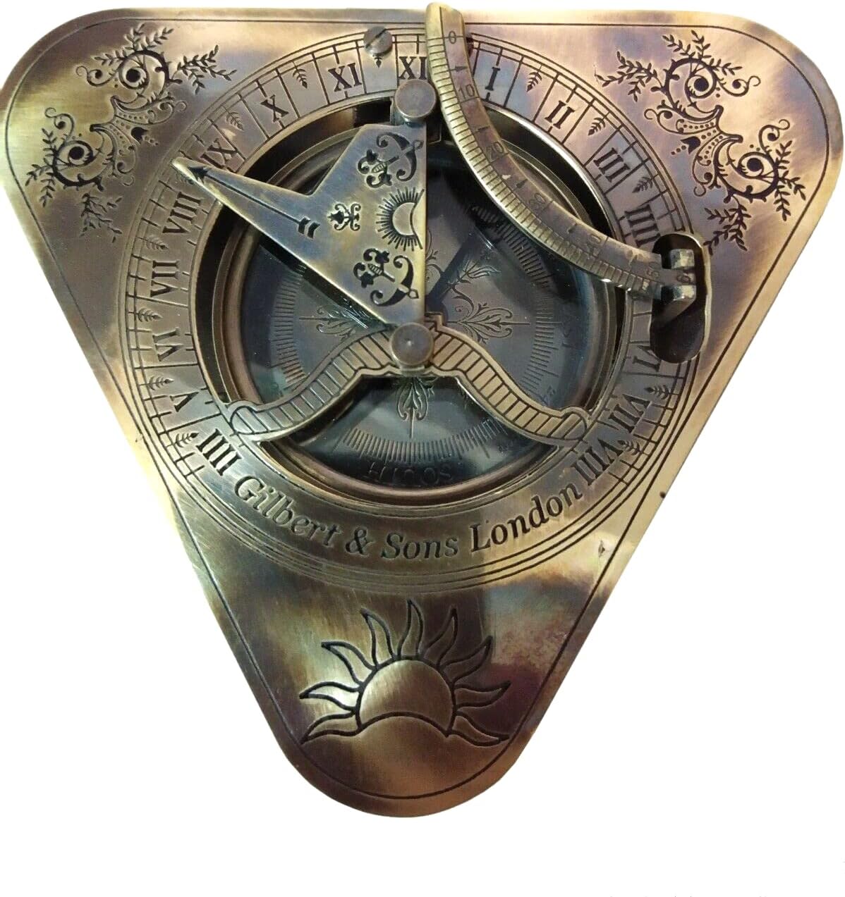 Nautical Antique Brass Sundial Direction Compass, Triangle Design Gift Item