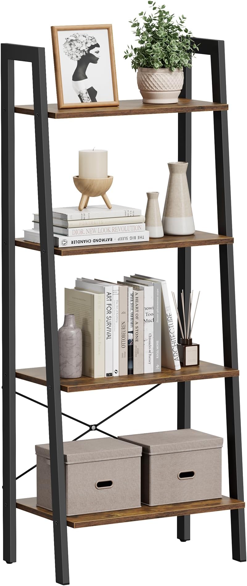 VASAGLE Ladder Shelf, Bookshelf, 4-Tier Industrial Storage Rack for Living Room, Bedroom, Kitchen, Rustic Brown and Black LLS44X