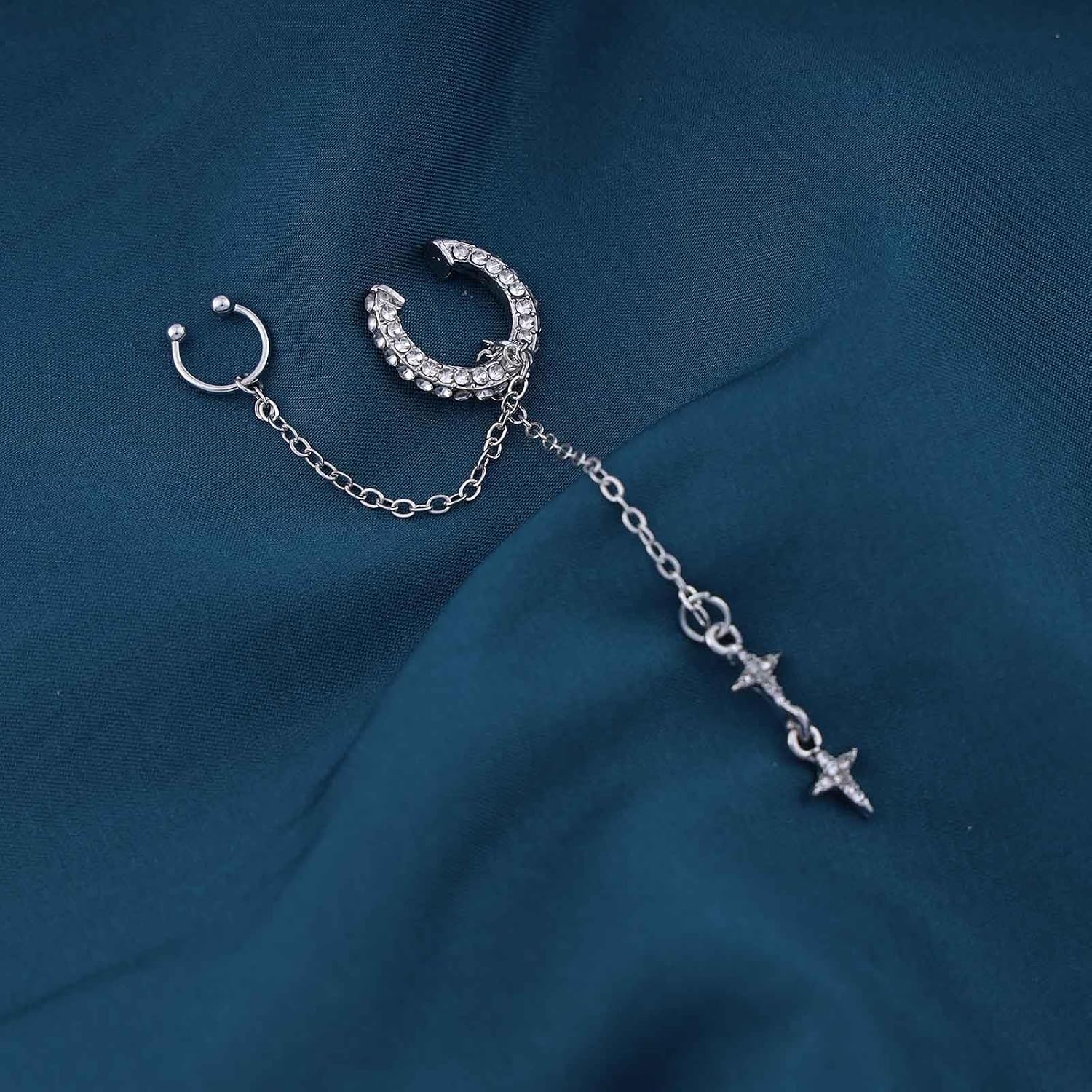 Boho Cz Circle Cuff Dangle Earrings Silver Crystal Cross Long Cz Tassel Chain Rhinestone Ring Helix Chain Clip on Earrings Non Pierced Jewelry for Women