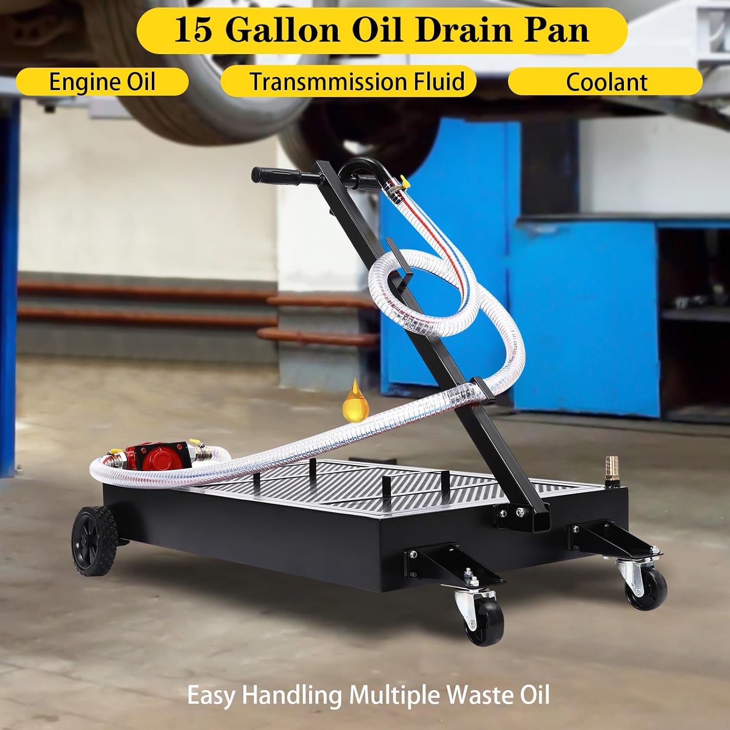Low Profile Oil Drain Pan, 15 Gallon Oil Drain Pan with Hand Pump, Large Capacity Oil Change Pan | 7.2ft Hose & rotatable handle | Swivel Casters Wheels | Rolling Oil Drain Cart for Trucks,RVs
