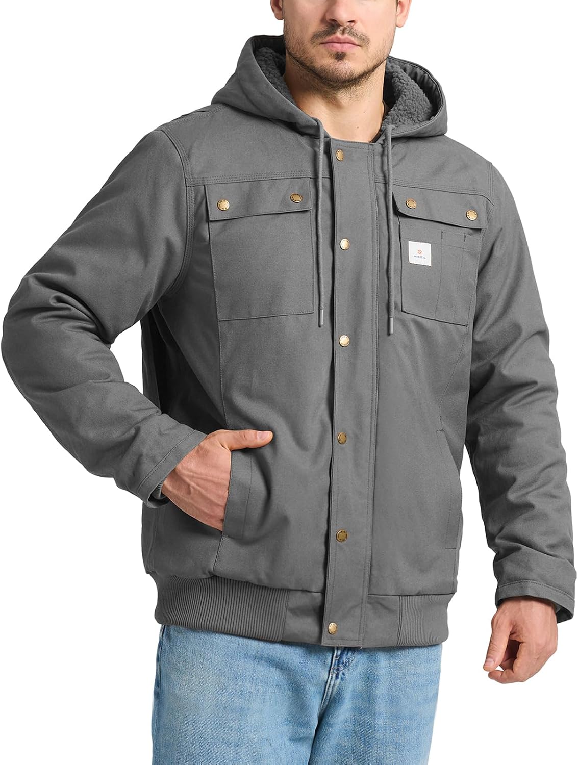 HISEA Men's Sherpa Work Jacket, Winter Water Resistant Hooded Duck Canvas Coat, Relaxed Fit Fleece Insulated Utility Jackets