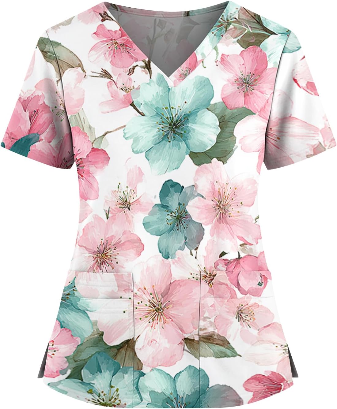 Women's V-Neck Floral Print Scrub Top Soft Breathable Nursing Uniform Top with Pockets Short Sleeve Medical Work Wear