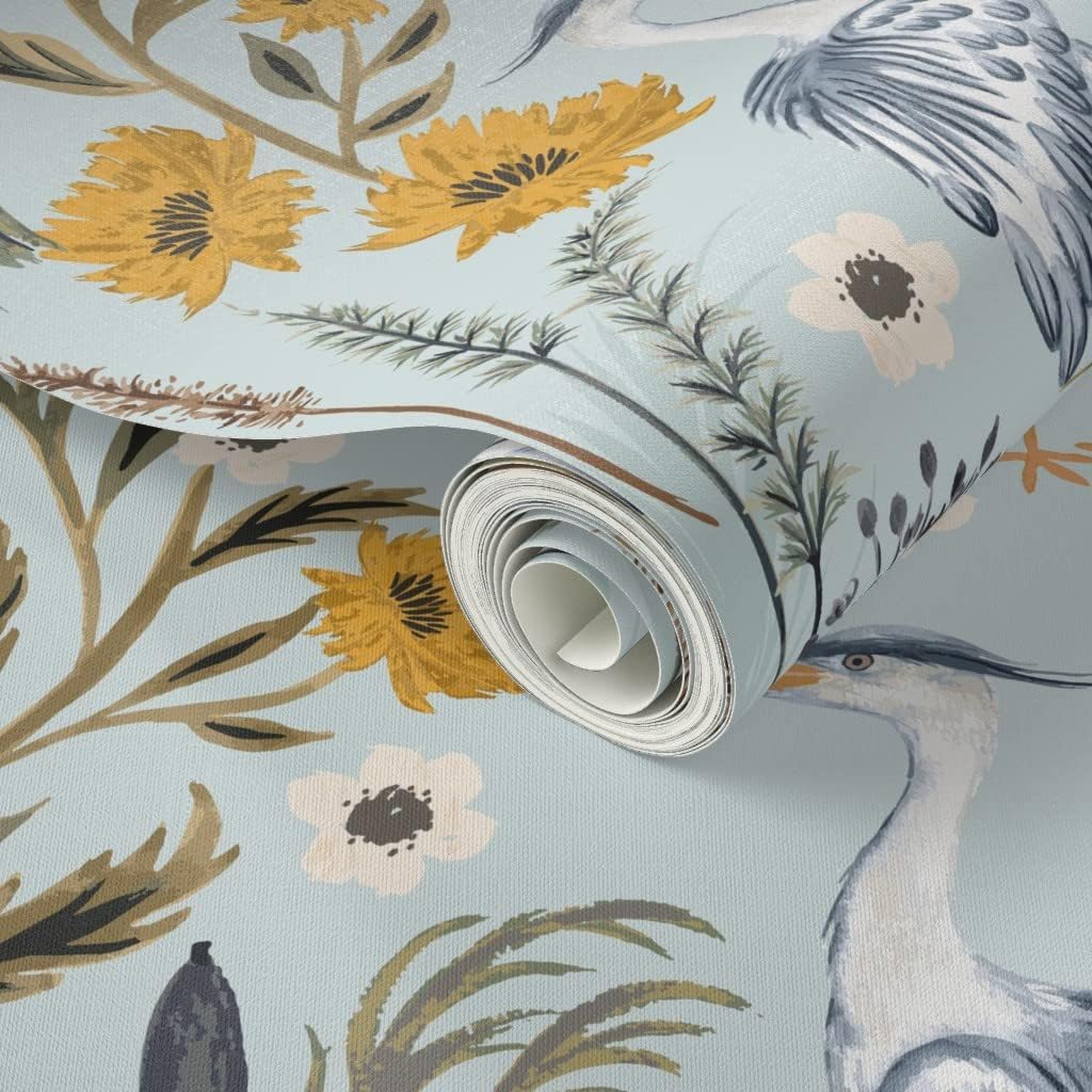 Spoonflower Peel & Stick Wallpaper 3ft x 2ft - Heron French Country Coastal Birds Mint Blue Custom Removable Wallpaper
