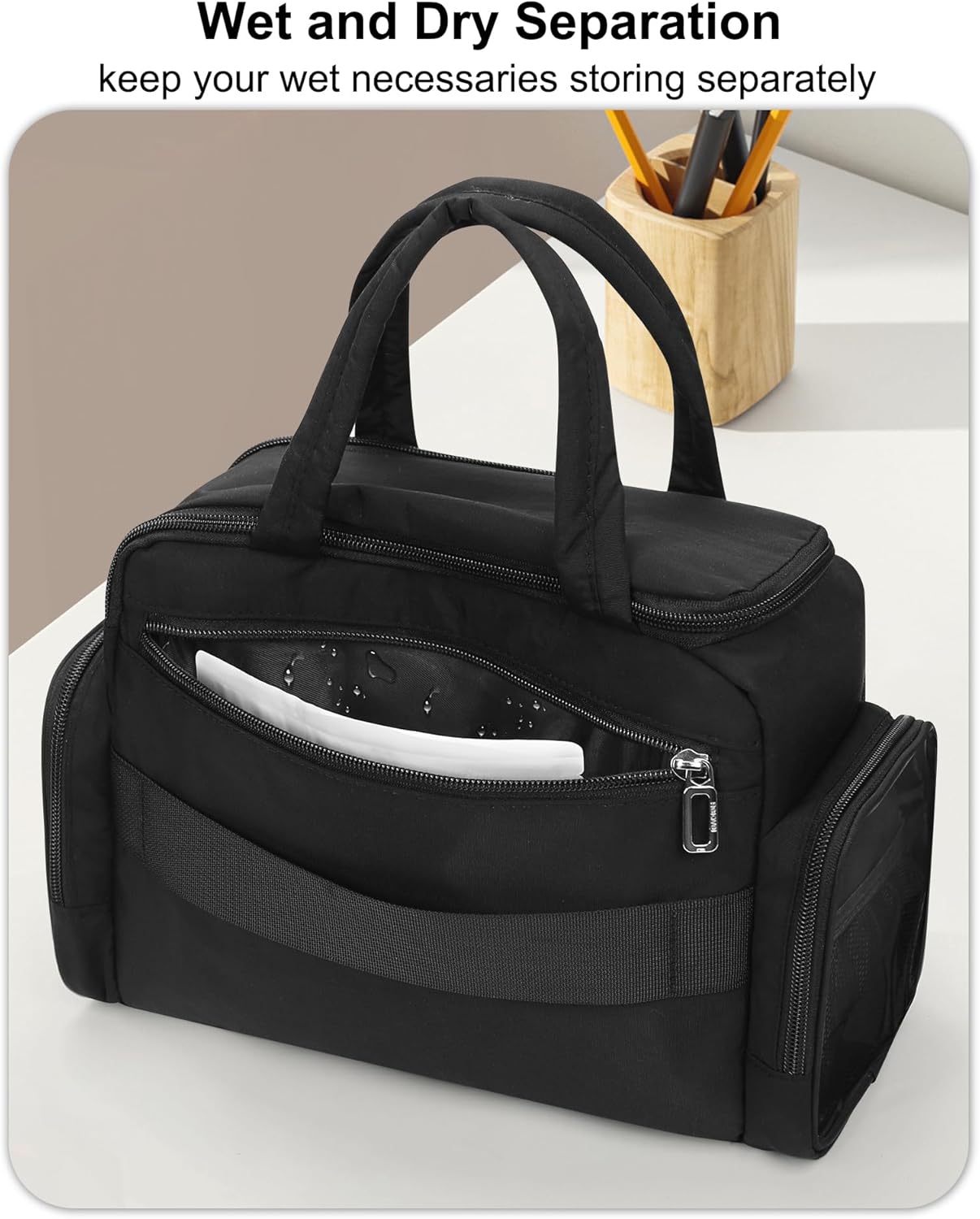 Travel Makeup Bag, Lightweight Wide-open Toiletry Bag for Women, Portable Cosmetic Bag Organizer with Handle for Accessories, Brushes Set, Travel-Sized Container for Trip, Camping - Black - Image 5