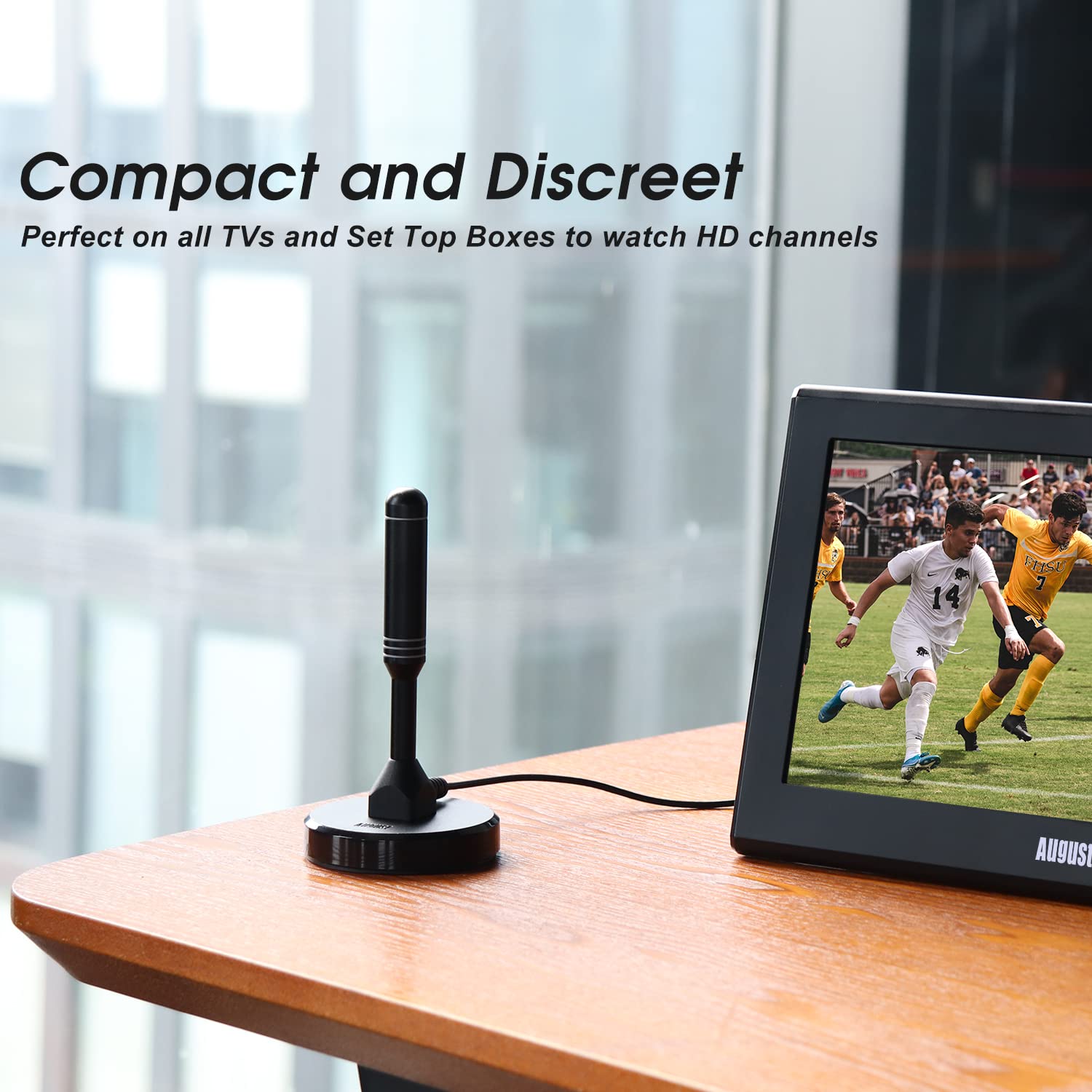 August DTA240 - Antenne TV Interieur TNT HD Puissante - Digital et Numérique UHD France, Magnétique Aimantée, Petite, Portable, Discrète, UHF VHF Salon, Caravane Camping-Car, 2m de câble - Noir