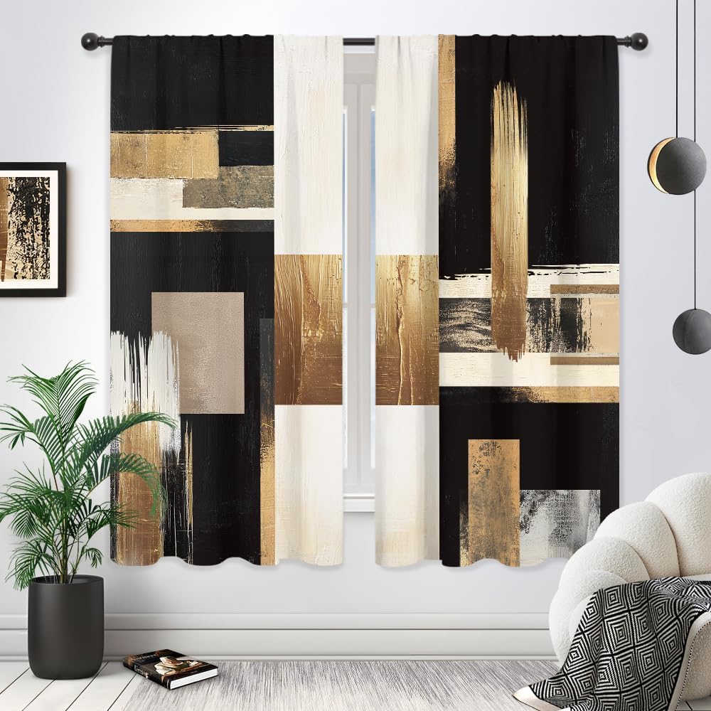 Riyidecor Black Gold Abstract Curtains Boho Modern Aesthetic Oil Painting Artistic Contemporary Trendy Rod Pocket Simple Unique Neutral Bedroom Living Room Treatment Fabric 2 Panels 29Wx63H Inch