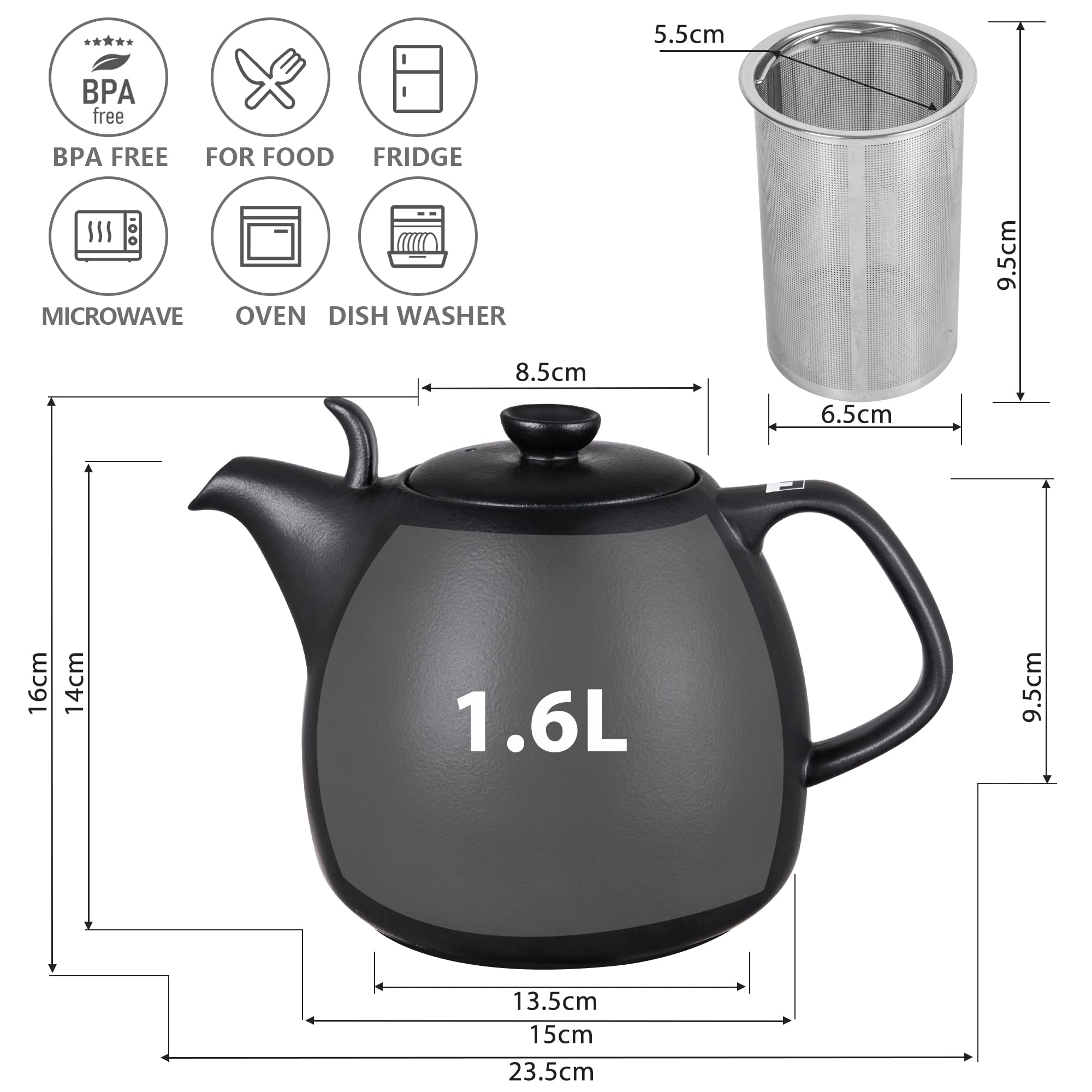 Théière Copenhague 1,6L Avec Infuseur | Porcelaine Noire | Compatible Réchaud