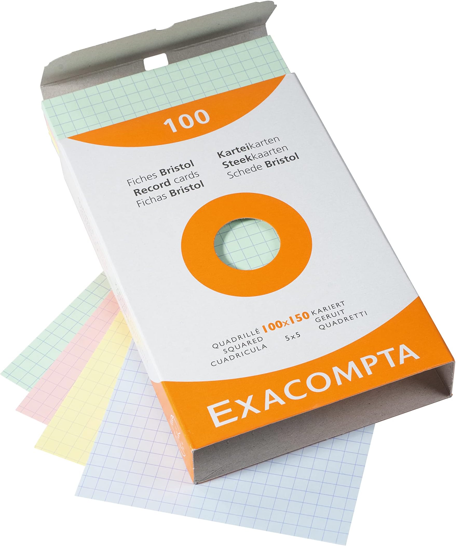 Exacompta - Ref 13272E - Bristol Squared Record Cards (Pack of 100) - 100 x 150mm in Size, 205gsm Card, Compatible with Printers - Suitable for Exam Revision & Notes - Assorted Colours