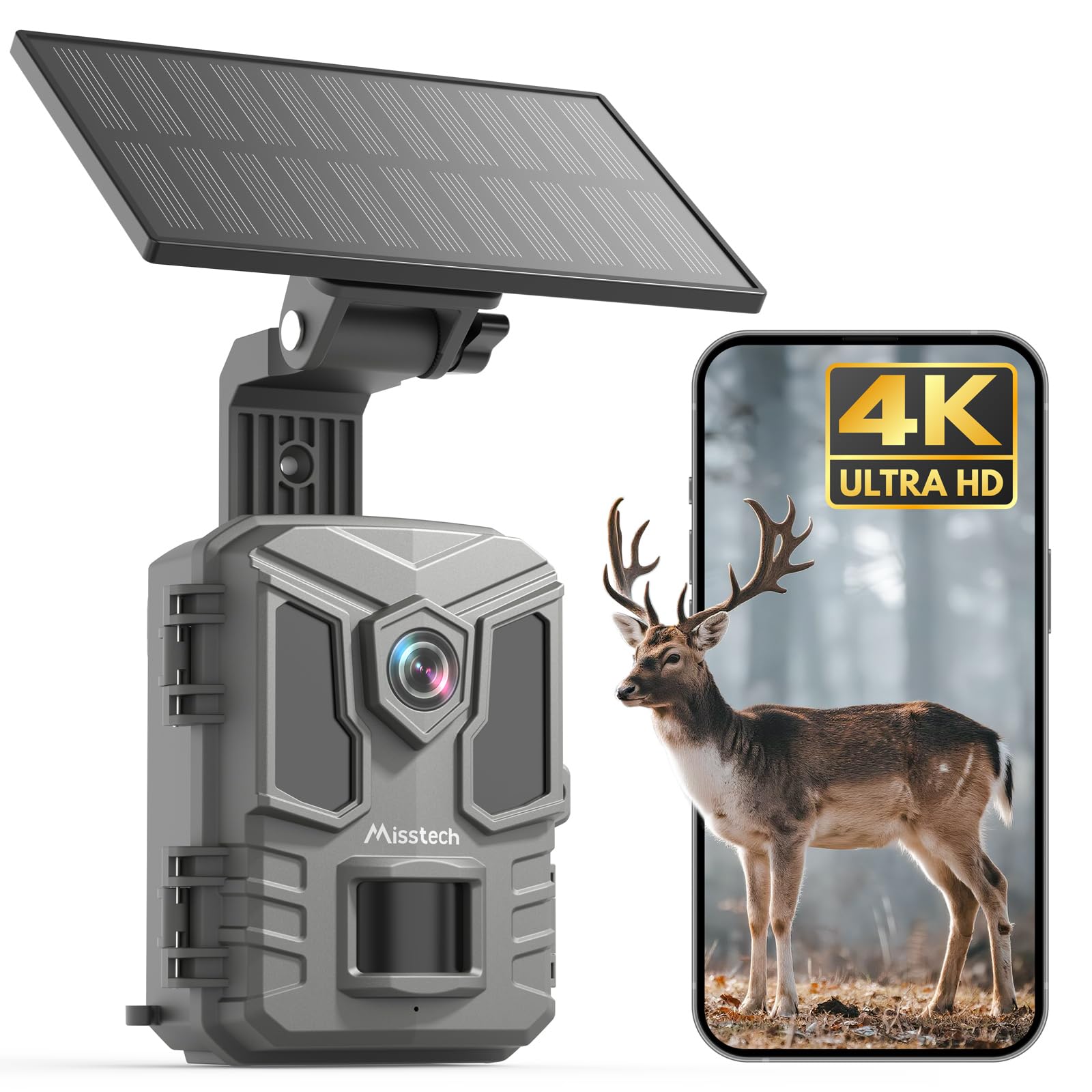 Misstech 4K UHD Solar Trail Kamera, Outdoor Wildkamera für Hofüberwachung, 0.1s Fast Motion Aktiviert zum Aufzeichnen, 64MP/4K Klare Nachtsicht, Keine Monatliche Gebühr, App-Steuerung, IP66