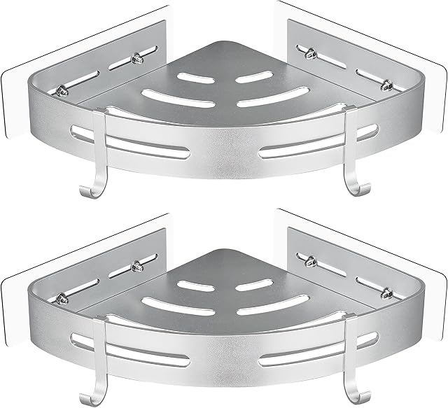 GRICOL Shower Corner Shelf No Drilling Space Aluminum with Stickers Wall Mounted Adhesive Shower Caddy Basket Organiser for Bathroom 2 Tiers Silver