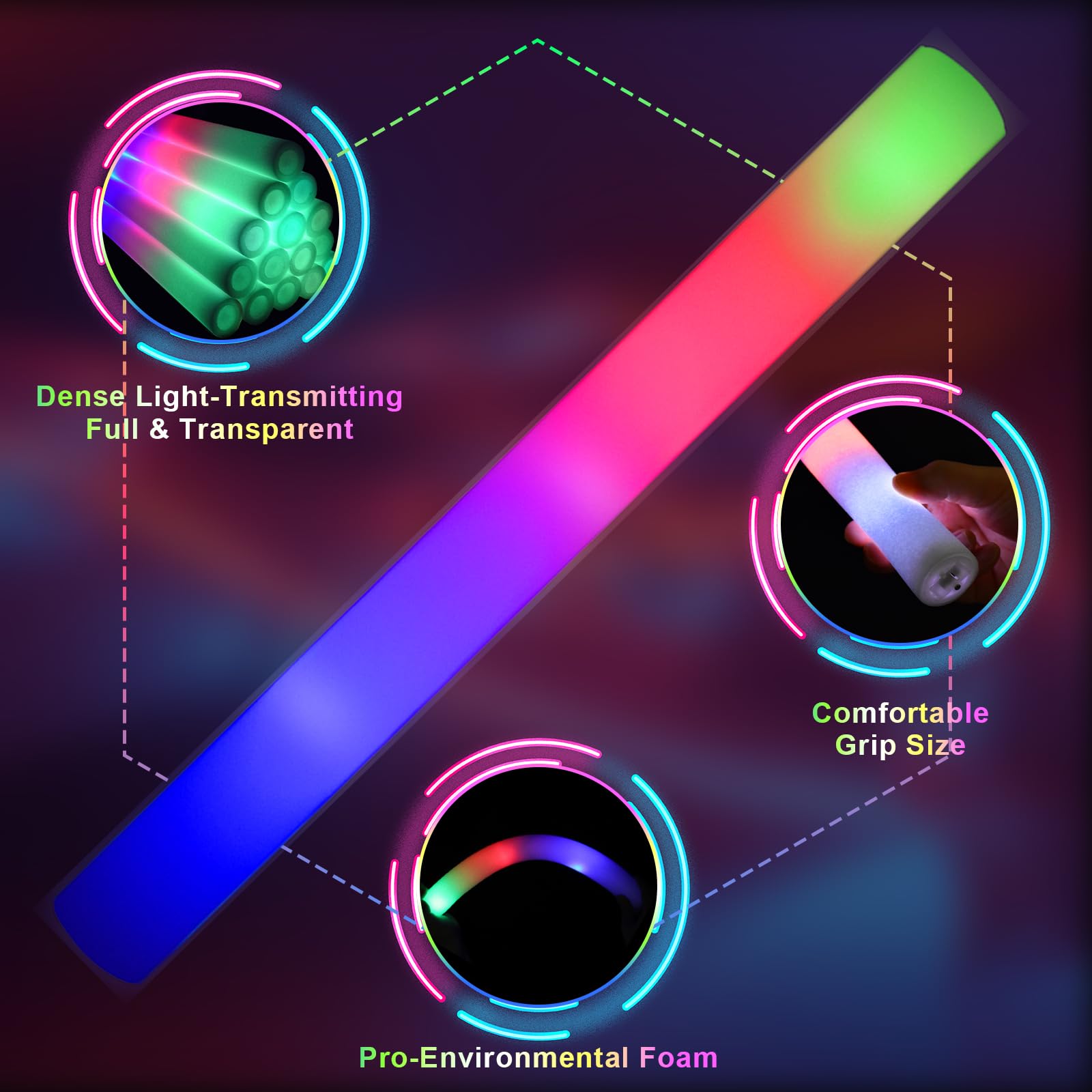 Bâtons fluorescents en mousse, bâtons lumineux à DEL avec 3 modes clignotants, fournitures de fête pour mariages, anniversaires, concerts, fêtes, camping, événements sportifs (108 pièces)