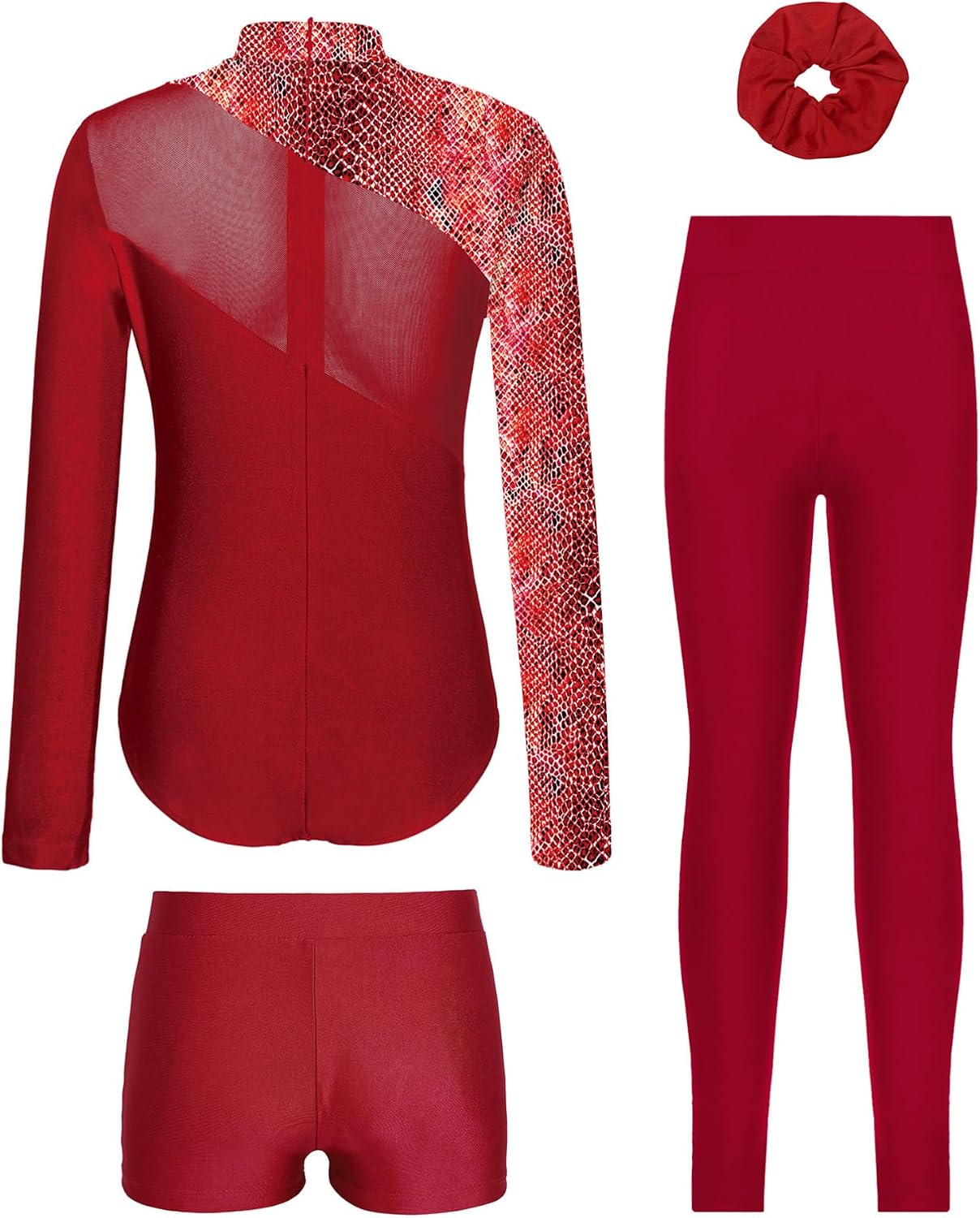 TiaoBug 4 Pieces Kids Girls Gymnastics Outfit Set Leotard Rhinestones Bodysuit with Shorts Long Pants and Hair Tie