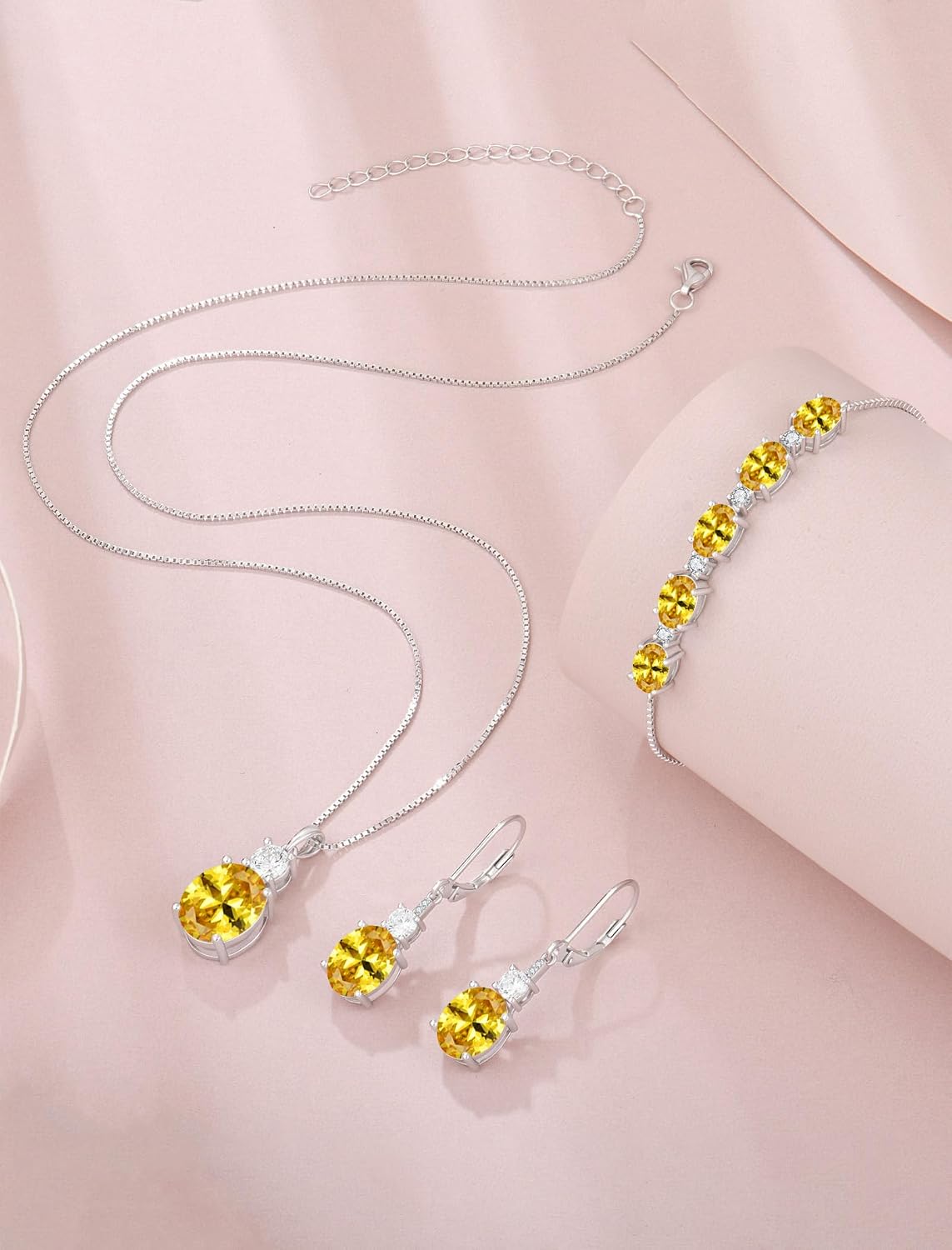 Citrine Jewelry Set for Women 925 Sterling Silver Oval Cut Necklace Earrings Bracelet November Birthstone Jewelry for Her