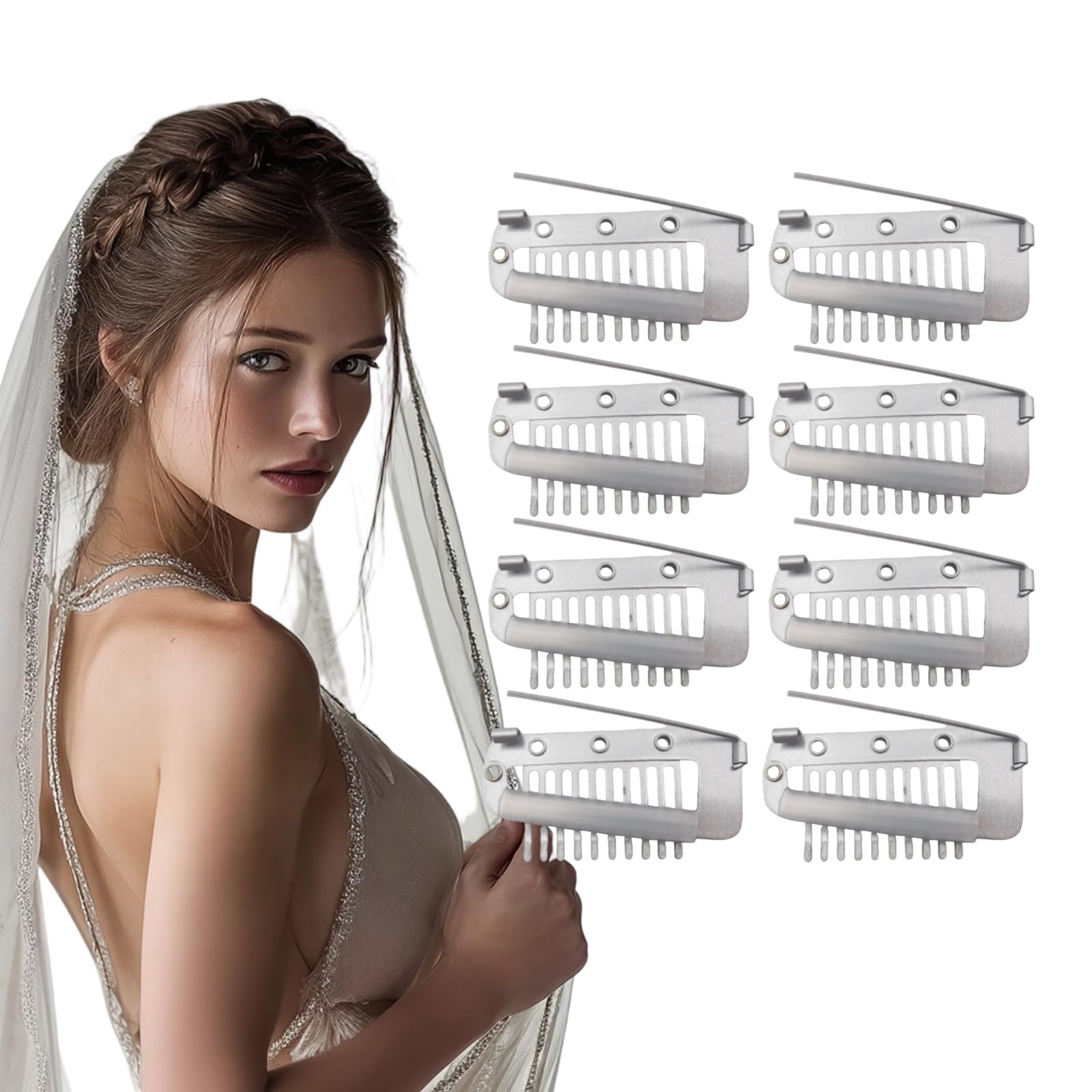 8pcs/Pack Chunni Clips for Wedding Veil, Wig & Scarf – Non-Slip Hair Extension Clips with Soft Rubber – Secure Dupatta, Hijab, Bridal Veil – Easy to Sew On, Silver