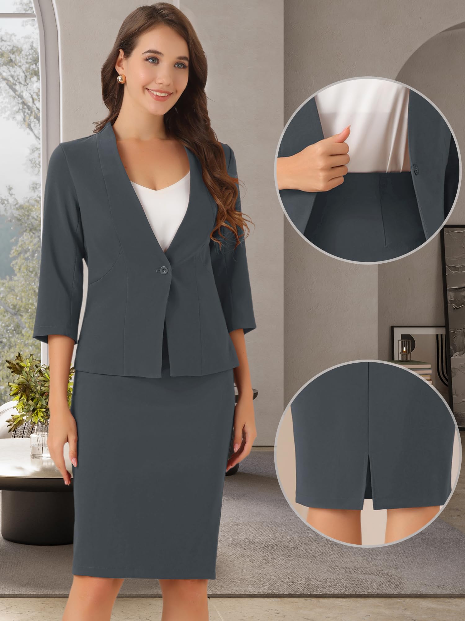 Allegra K Ensemble de Costume pour Femmes Jupe Crayon d'affaires Tenue de Travail 2 Pièces Blazer Col en V de Bureau Gris Foncé M