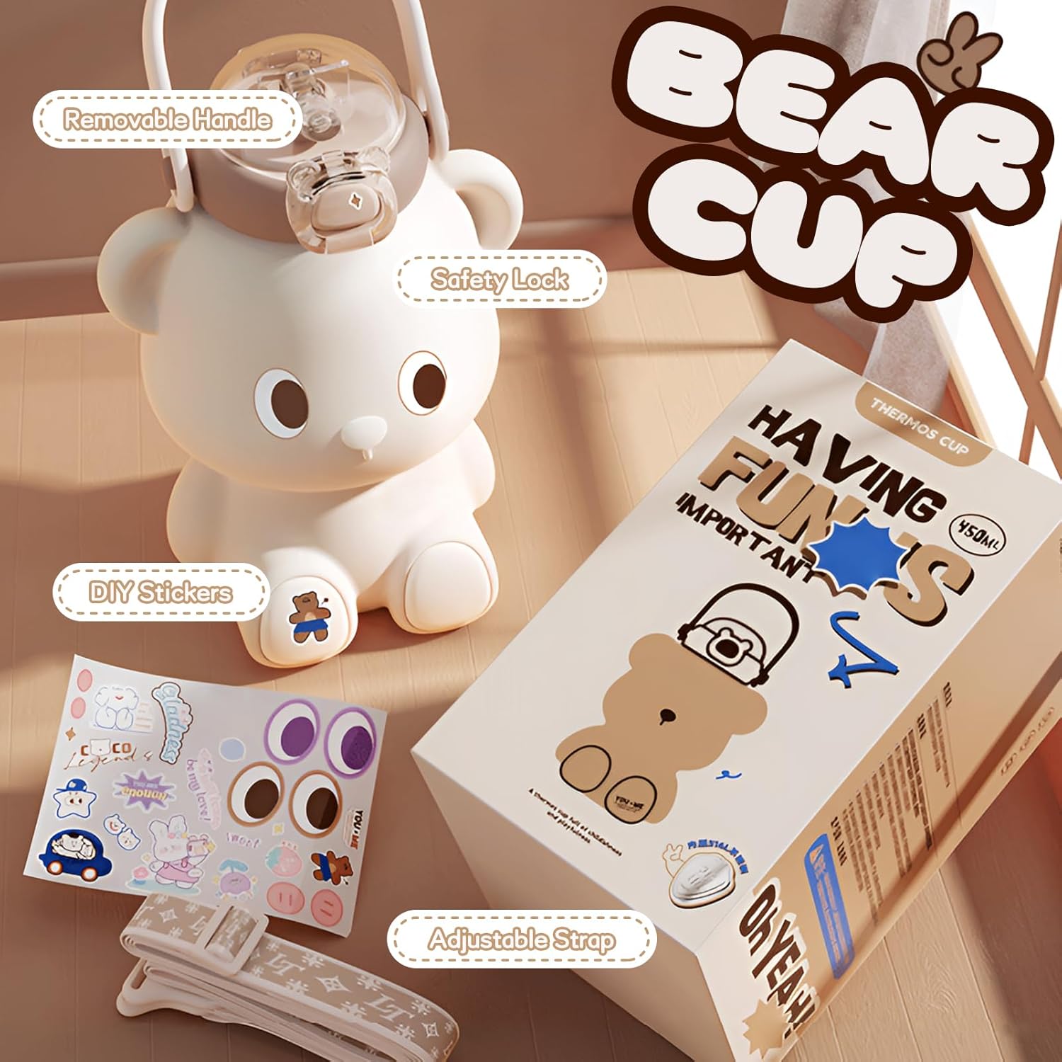 Bear Water Bottle for Girls, 16oz Cute Kawaii Teddy Bear Leak-Proof Stainless Steel Bottle with Straw & Strap, BPA-Free, Durable & Safe Drinking Cup, Gift for Kids & Girls (White) - Image 2