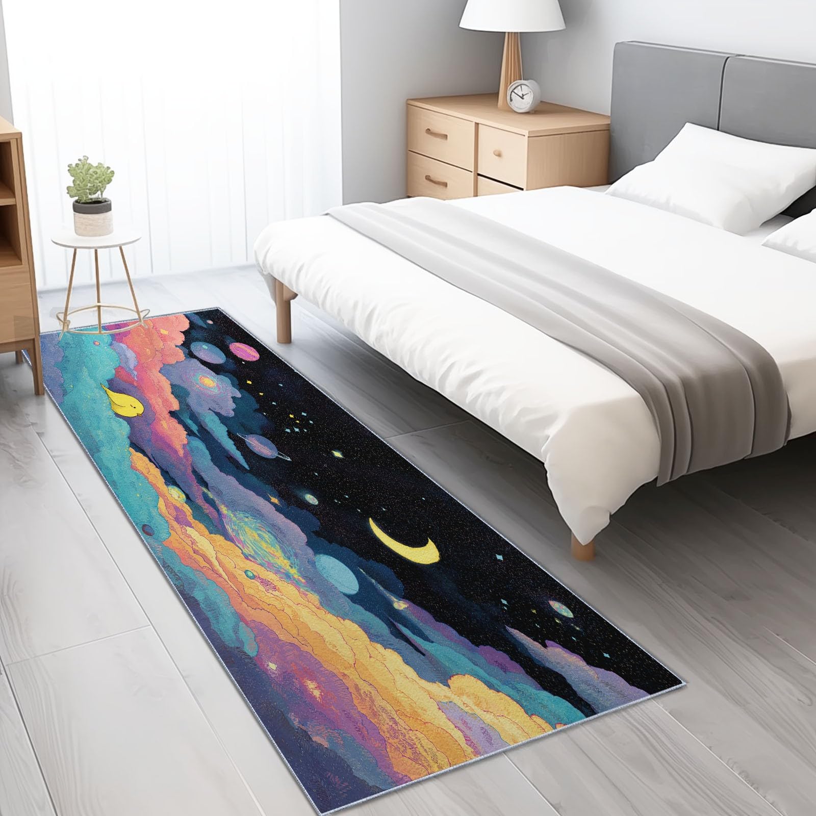 Generisch Teppich läufer Flur rutschfest Kleiner Gelber Vogel Wolken & Planeten, Küchenteppich Waschbar 60 x 240 cm, Korridor Teppich Lang, Vogel Wolken Küchenläufer für Kinderzimmer, Blau Gelb