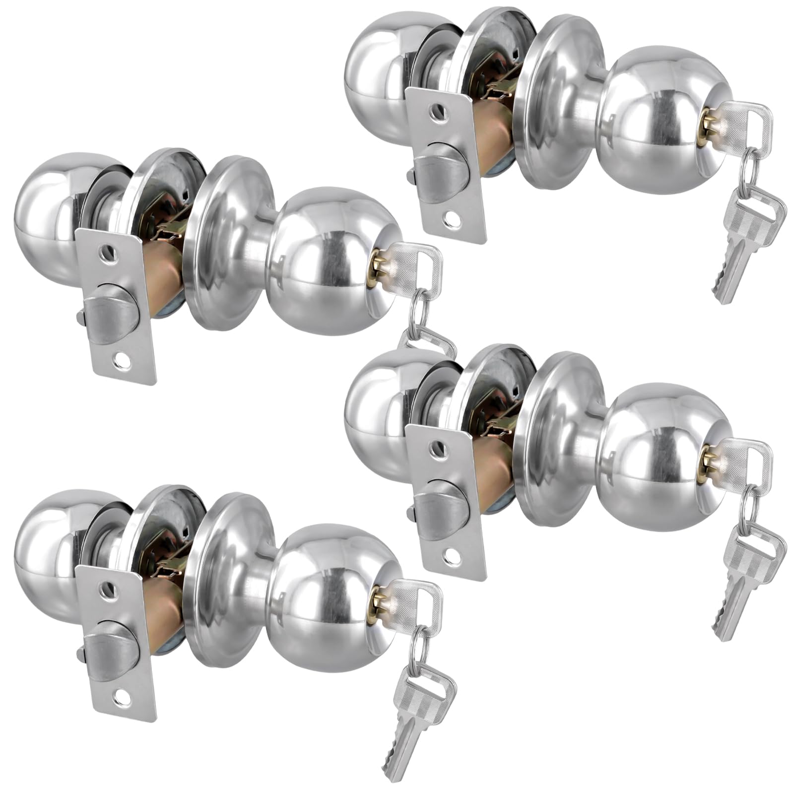 Paquete de 4 manijas redondas de 65 mm, kit de cerradura interna de acero inoxidable con cerradura con 3 llaves para puertas de 25 a 45 mm de grosor, para dormitorio, baño