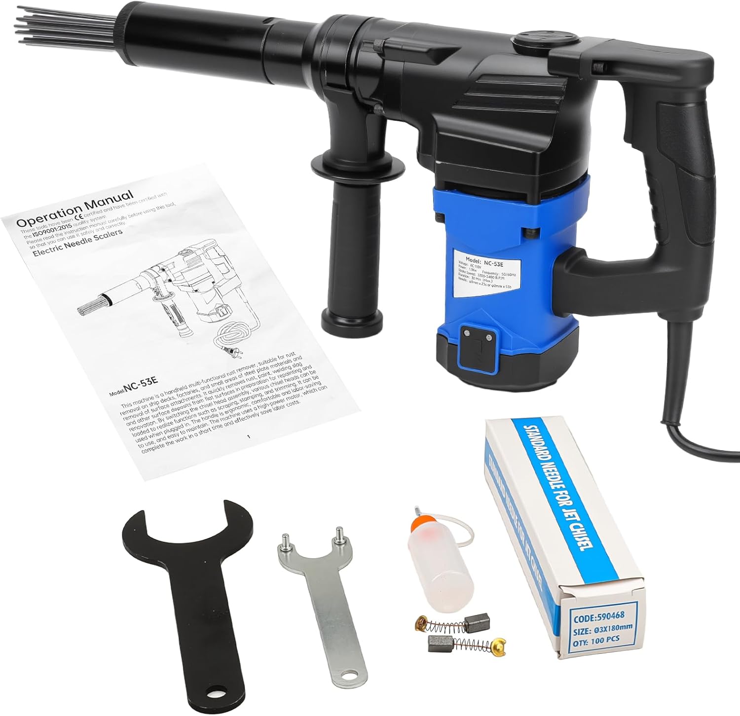 Industrial Electric Needle Scaler 1100W High-Power Pure Copper Motor 23 Preinstalled 77 Spare Hardened Steel Needles Pistol Grip Safety Lock for Rust Weld Slag Paint Removal 110V with Lubrica