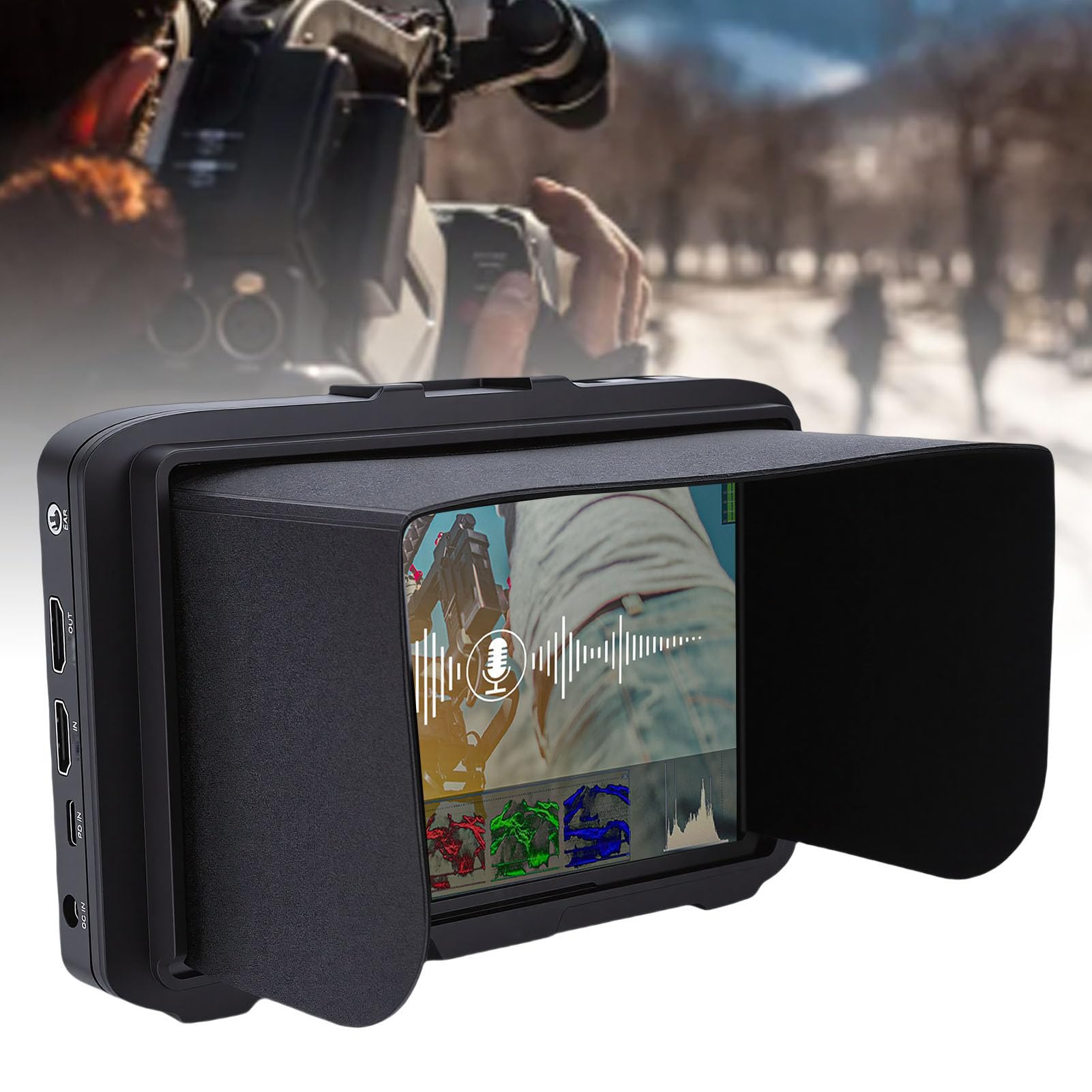 Display FHD da 7 Pollici con Ingresso 4K, Schermo da Campo della Telecamera con Controllo Vocale, per Produzione Video Fotografica, LUT 3D, HDR, Forma D' con Parasole