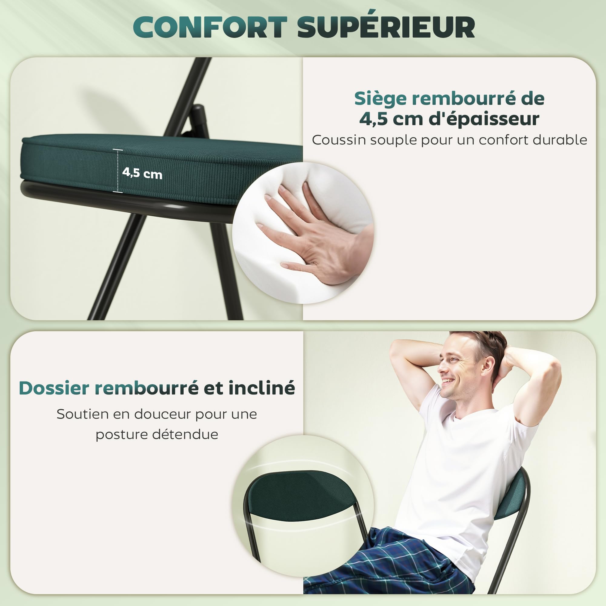 HOMCOM Lot de 4 Chaises Pliantes Portables Intérieur Charge 120 kg Bleu | Chaise Salle à Manger, Assises et Dossiers Rembourrées en Velours Côtelé, Cadre en Acier