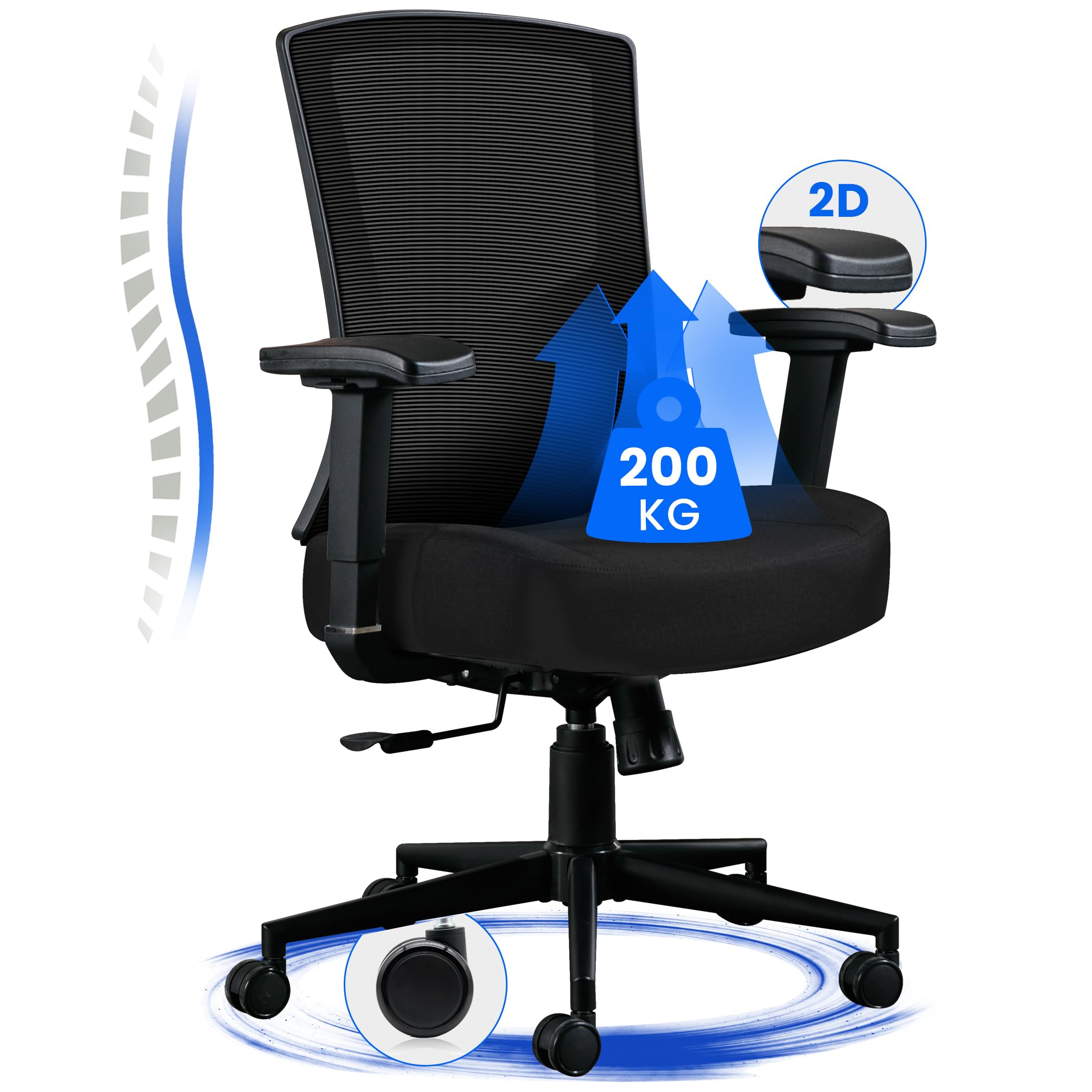 Fantasylab Bürostuhl 200KG Ergonomischer Schreibtischstuhl mit Extra Breite Sitzfläche Offce Chair mit 13cm Memory-Schaum Chefsessel mit Verstellbare Lendenwirbelstütze