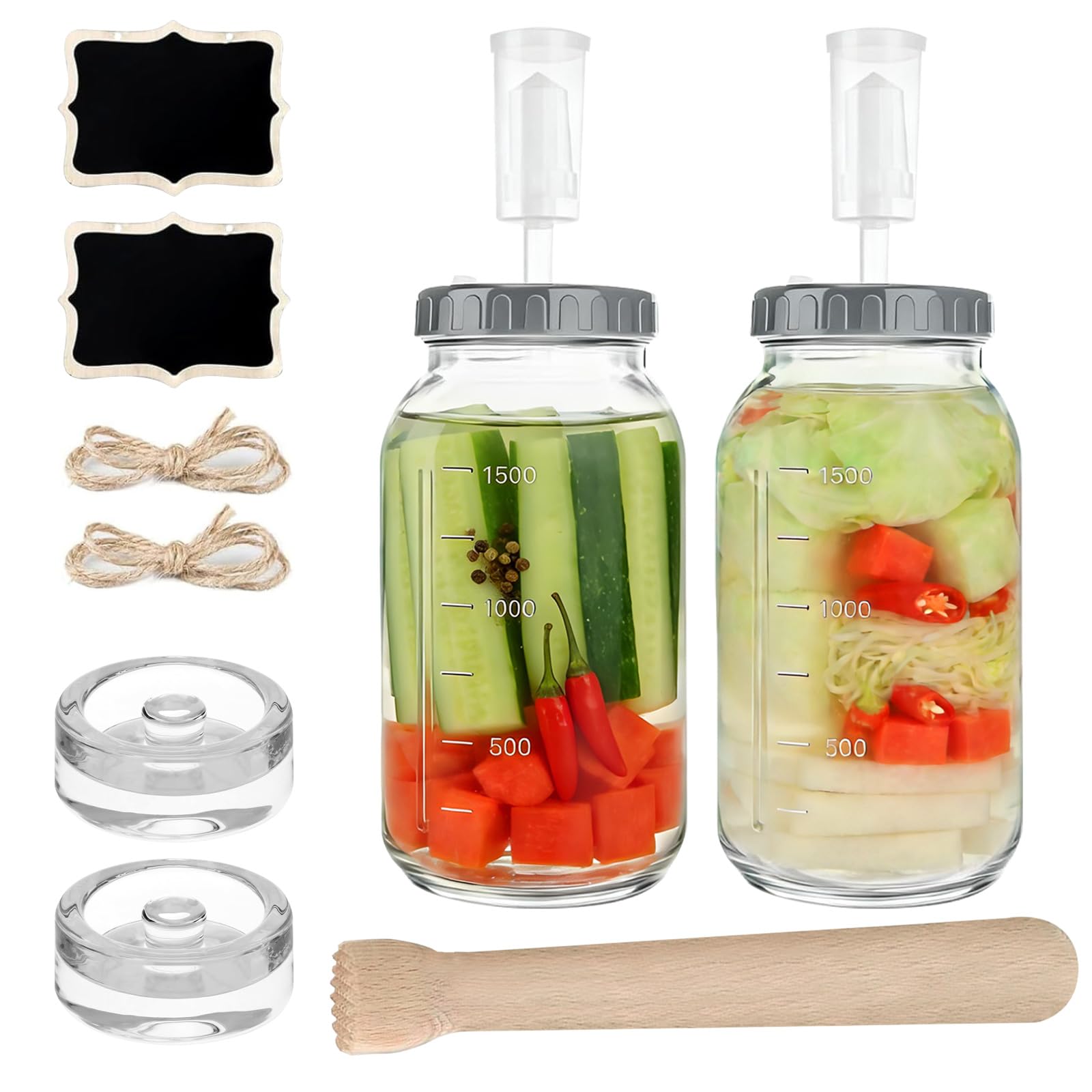 Fermentierglas 2 Stück 2L, 64oz Kimchi Behälter mit Luftschleuse und Gewicht, Breiter Mund Fermentiergläser mit Holzstößel, Kefir Glas mit Deckel, für Pickles, Sauerkraut, Sauerteig Starter