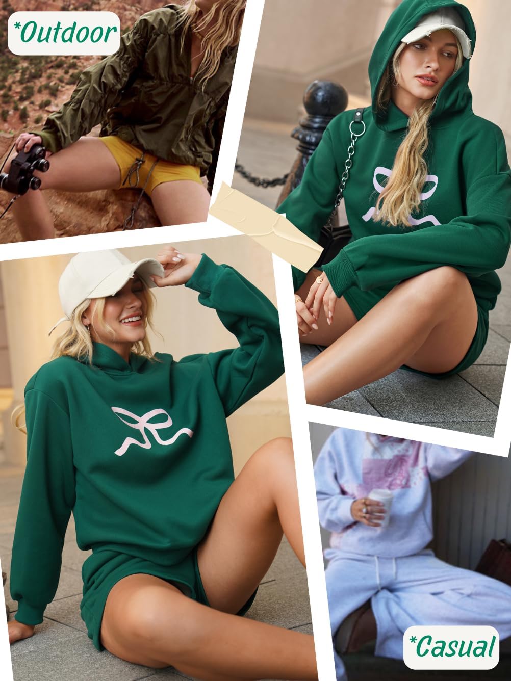 Women's Bow Print Matching Lounge Set, Loose Fleece-Lined Hoodie & Shorts with Pockets, Winter Comfy 2 Piece Sets - Image 6