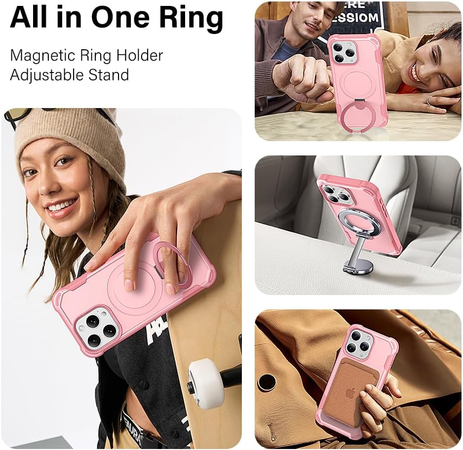 CHAOFEnG Designed for iPhone 15 Pro Case with Magnetic Stand [Military Drop Protection][Compatible with Magnet] Shockproof 15 Pro Phone Case with Ring Holder, Pink