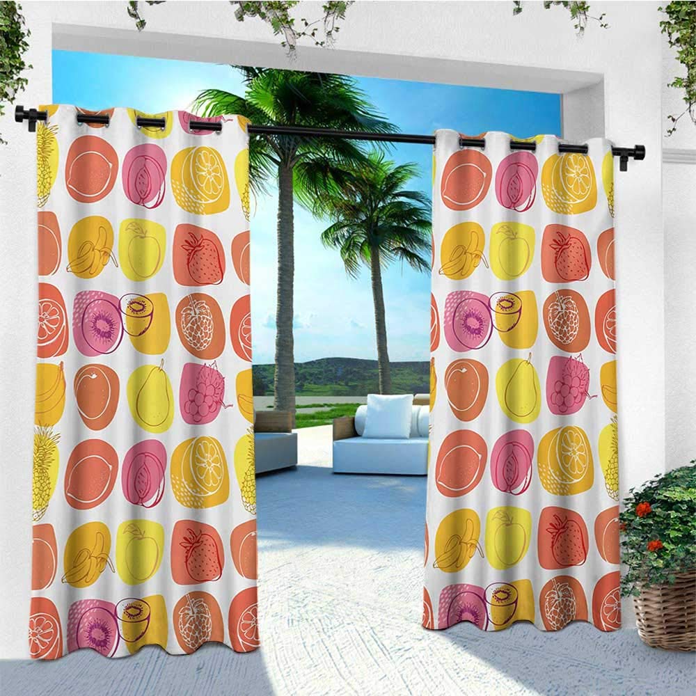 leinuoyi Fruits, Outdoor Curtain Pair, Retro Pineapple Lemon Kiwi Raspberry Pop Art Modern Food Icons Caricature Graphic, for Gazebo W84 x L108 Inch Multicolor