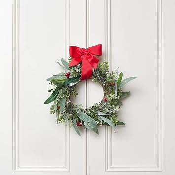 Lights4fun, Inc. 18 Christmas Wreath Artificial Mixed Foliage & Berry Decoration for Front Door or Indoor Wall with Red Hanging Ribbon