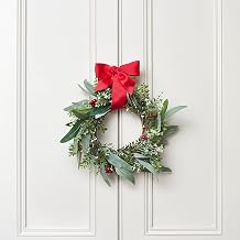 Lights4fun, Inc. 18 Christmas Wreath Artificial Mixed Foliage & Berry Decoration for Front Door or Indoor Wall with Red Hanging Ribbon