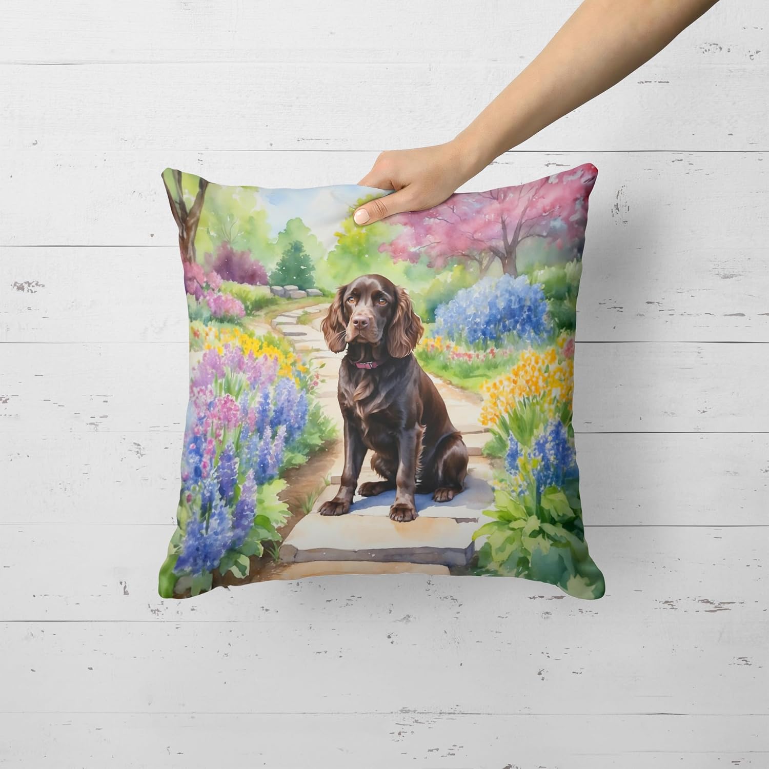 Caroline's Treasures Boykin Spaniel Spring Path Throw Pillow Machine Washable, Indoor Outdoor Decorative Pillow for Couch, Bed or Patio, 18Hx18W
