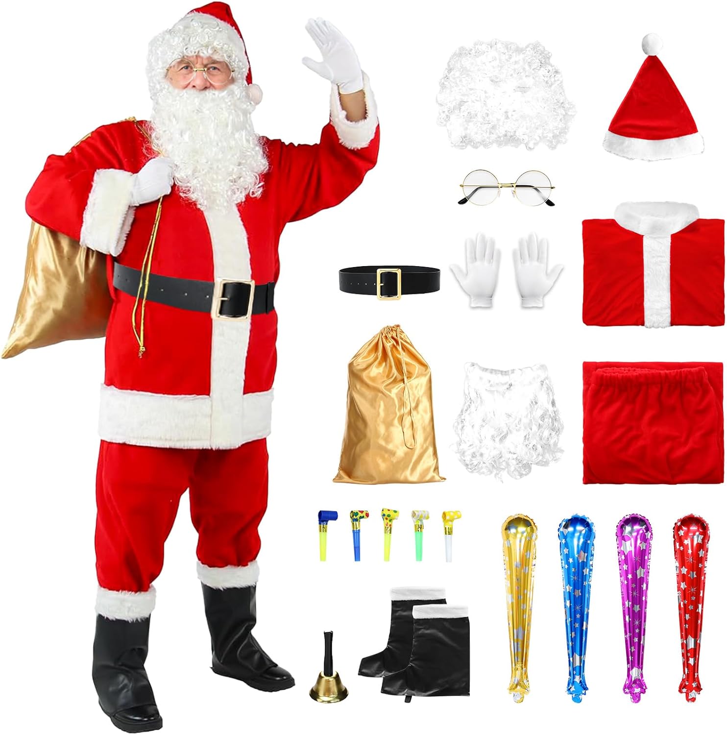 (( Size X-Large)) Santa Claus Costume for Men Santa Suit Adults 26pc Deluxe Velvet Father Christmas Costume Xmas Red Cosplay Outfit 20 Pcs 