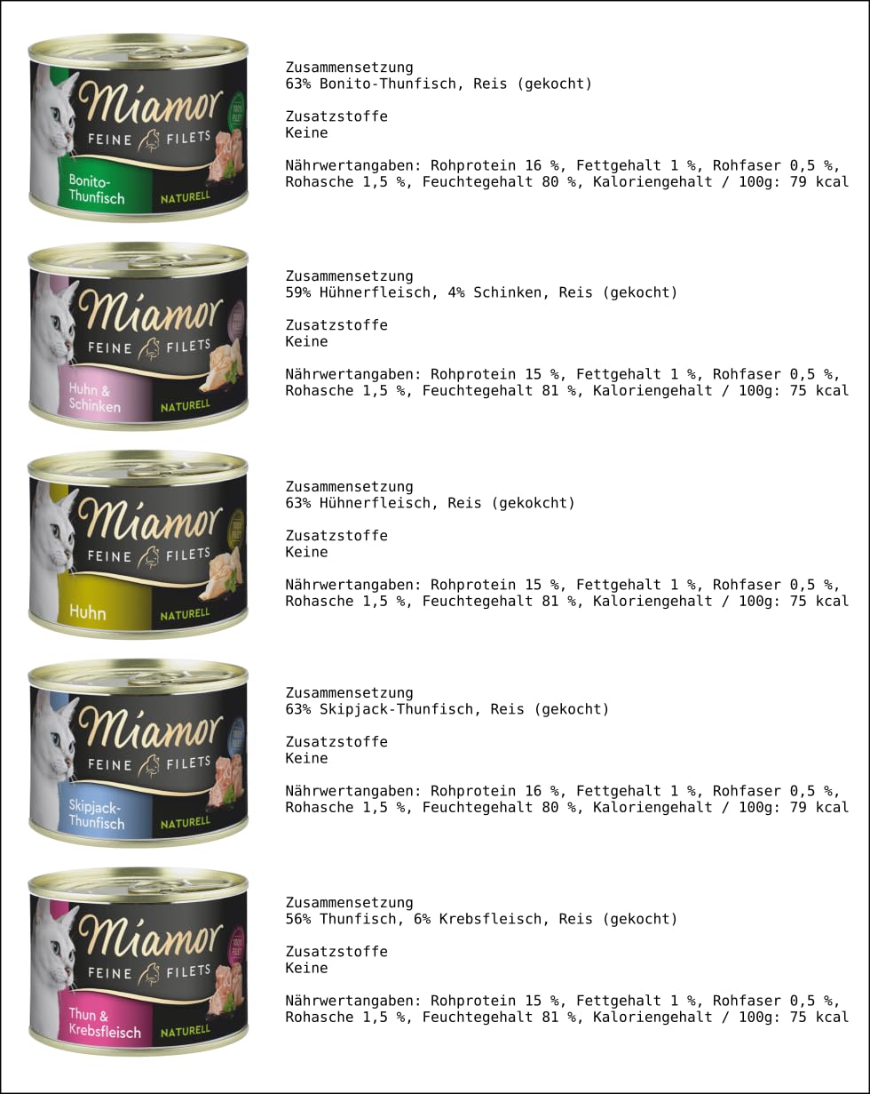 Miamor Feine Filets 20 x 156 g Mixpaket | Garantiert 5 Sorten | Helle Filetstückchen im eigenen Saft | Fettarm, hochbekömmlich, ohne Innereien & tierische Nebenerzeugnisse