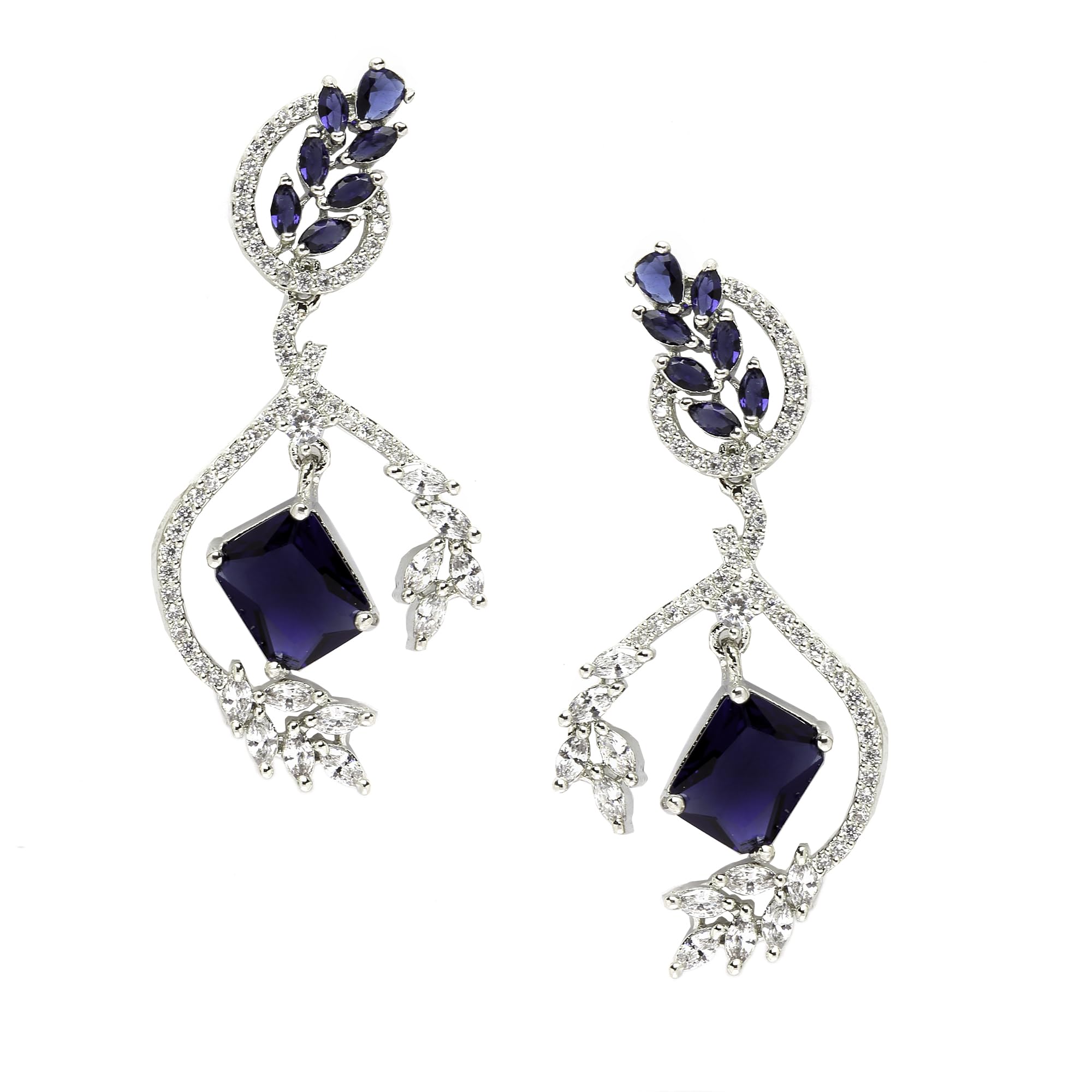 ZENEME Rhodium-Plated American Diamond Studded Square & Leaf Shaped Drop Earrings For Girsl and Women (Navy Blue & White) (B0CGF5Z6N3) Amazon Price History, Amazon Price Tracker