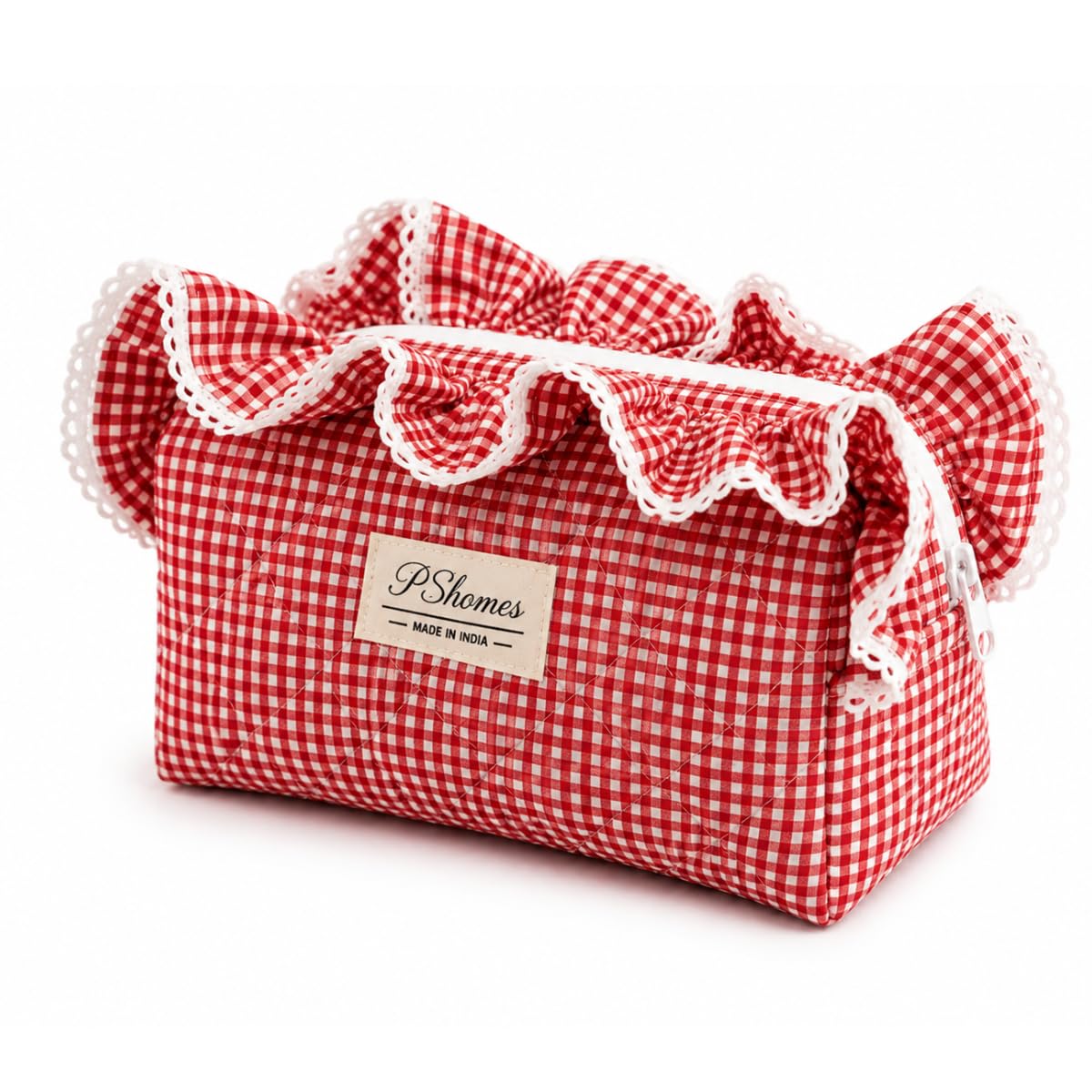 Mini Makeup Organizer Pouch with Frill – Cotton Blend Gingham Check Travel Cosmetic Bag | Compact Multipurpose Toiletry & Makeup Organizer | Handy Zipper Pouch for Purse & Travel (Red)-image-21