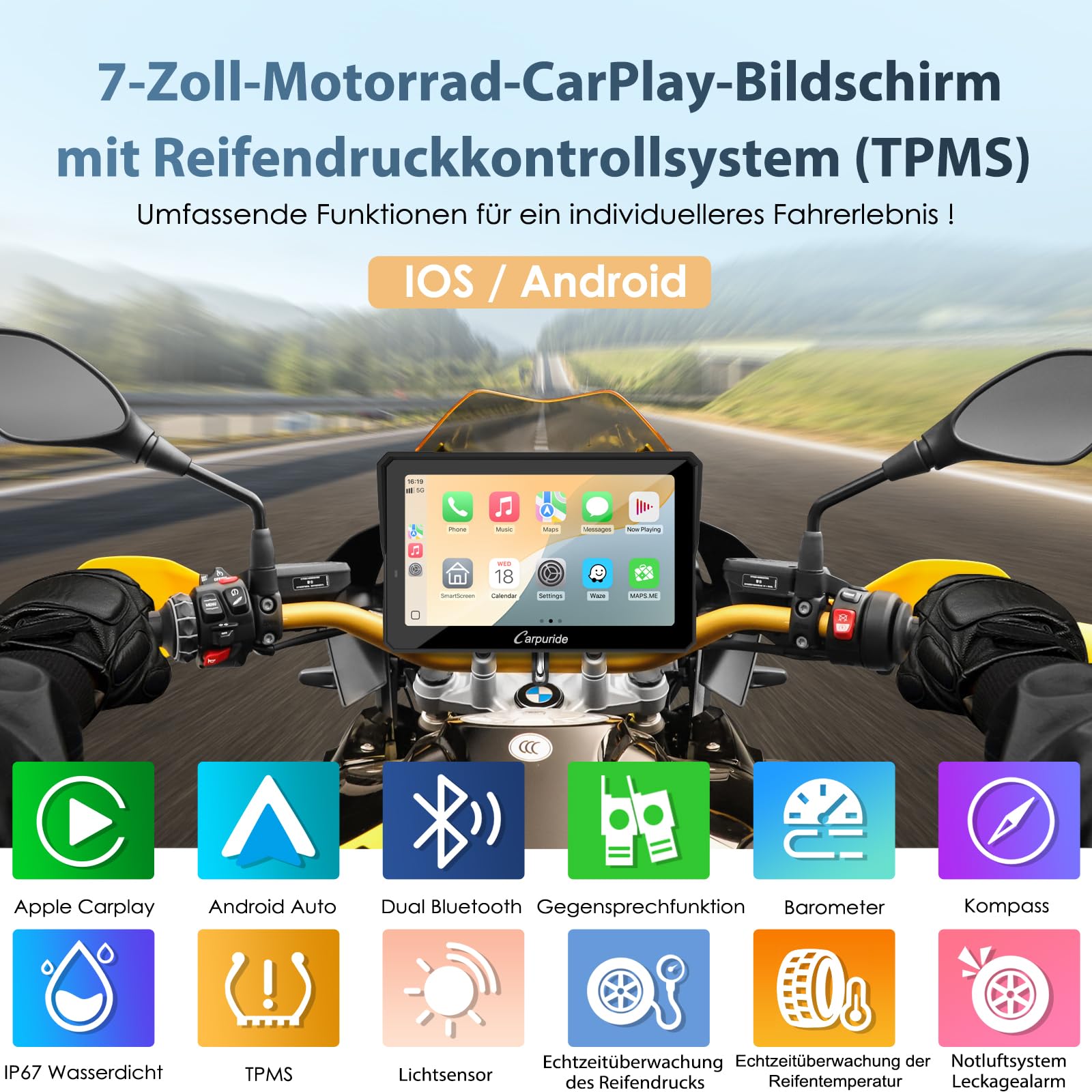 Carpuride W702T Pro Motorrad Carplay Bildschirm mit TPMS System, Kabellos CarPlay & Android Auto, Tragbar 7" Wasserdicht Touchscreen, Dual Bluetooth, Gegensprechfunktion, Navi, Kompass, Barometer.