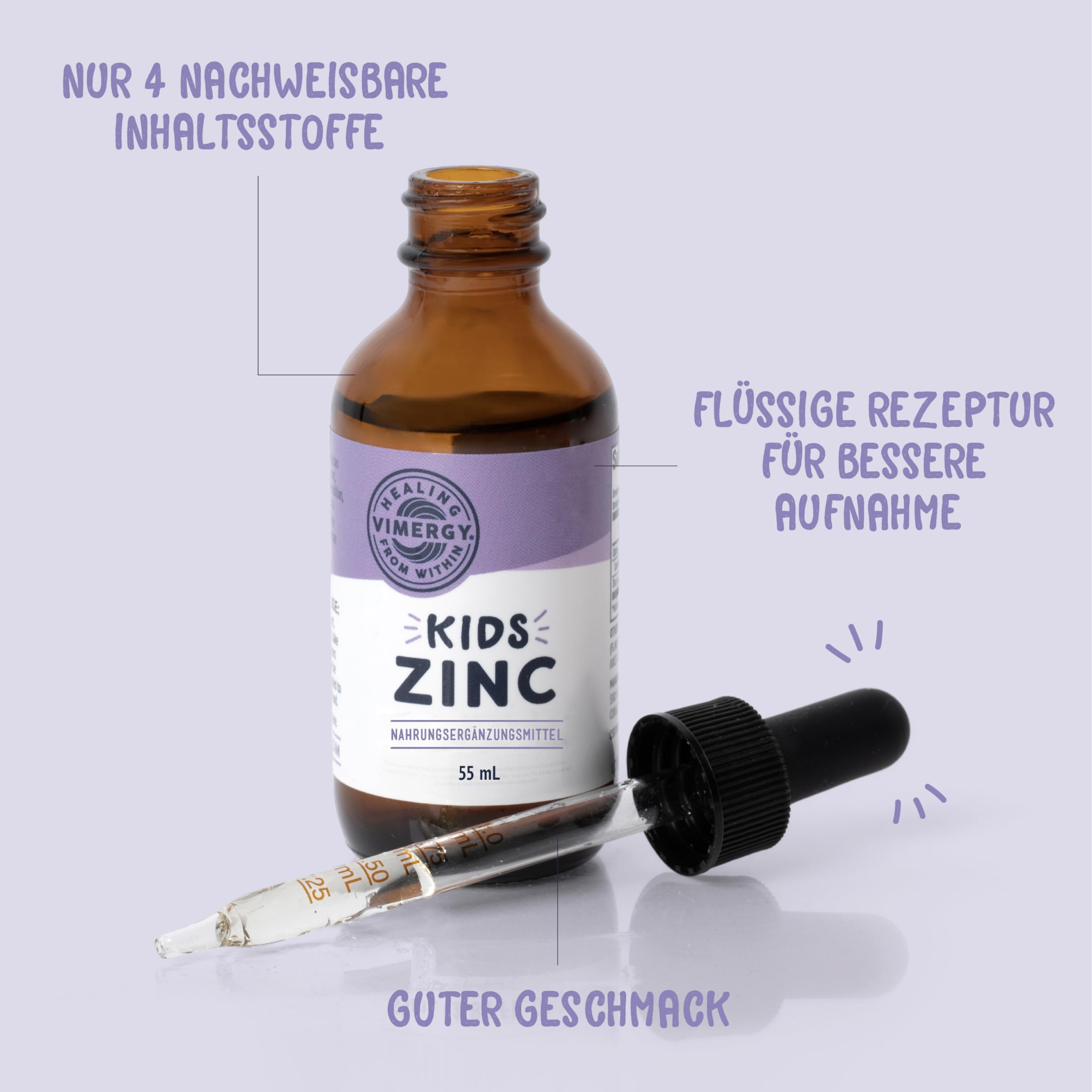 Vimergy Zink Tropfen Testgröße – Flüssiges Zink Hochdosiert – Antioxidans – Kein Raffinierter Zucker – Glutenfrei ohne Gentechnik Koscher Vegan Keto/Paleo Ernährung Geeignet (Kids - 55 mL)