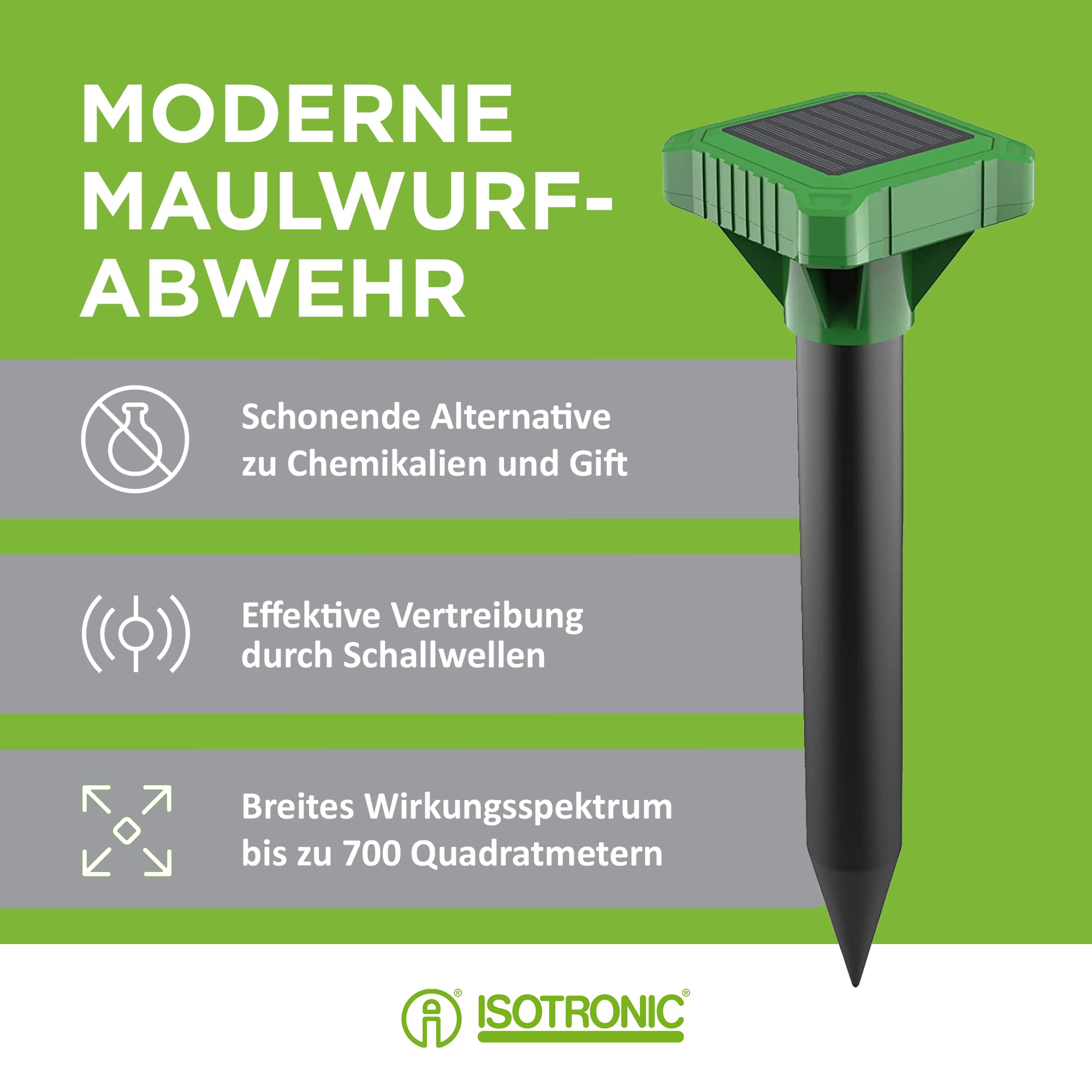 ISOTRONIC Odstraszacz kretów zasilany energią słoneczną – odstrasza krety, norniki i węże – z kołkiem wbijanym w ziemię – zasięg 700 m² (opakowanie 4 szt.)