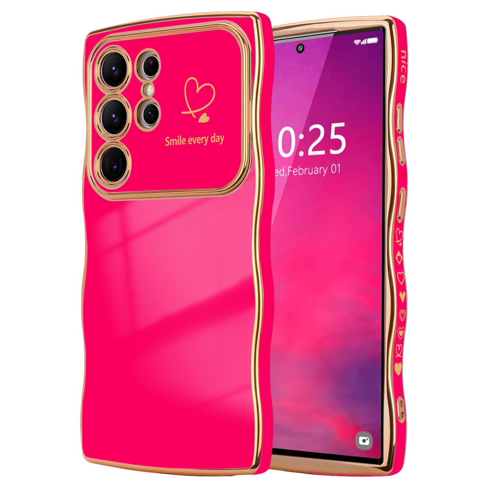 LCHULLE for Samsung Galaxy S22 Ultra Case for Women Girls, Cute Wave Frame Curly Shape with Love Heart Camera Protection Cover Luxury Plating