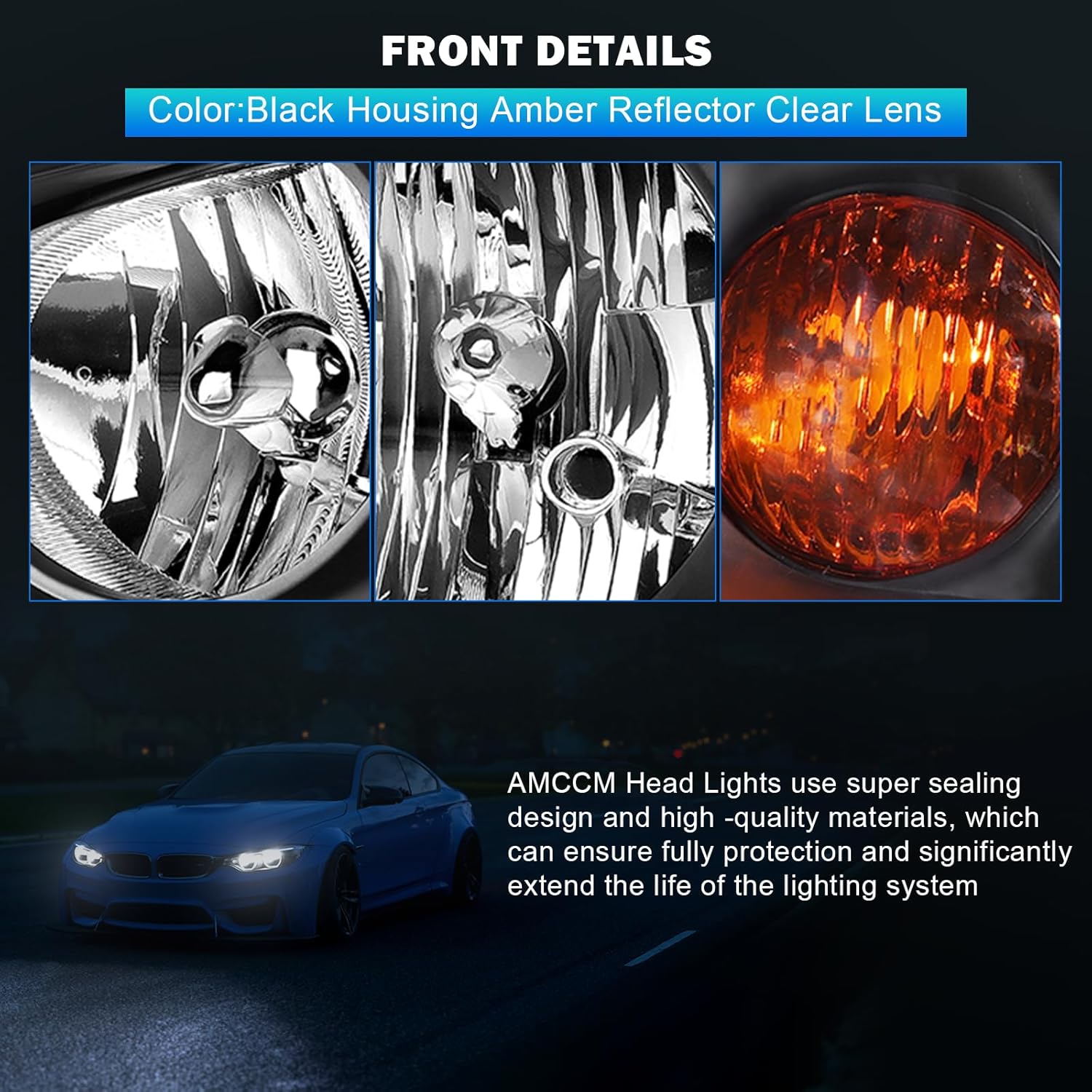 2PCS Headlight Assembly Left Driver & Right Passenger Side Fit for Hyundai for Elantra 2004-2006 Replace HY2503130 HY2502130 (Black Housing Amber Reflector Clear Lens)