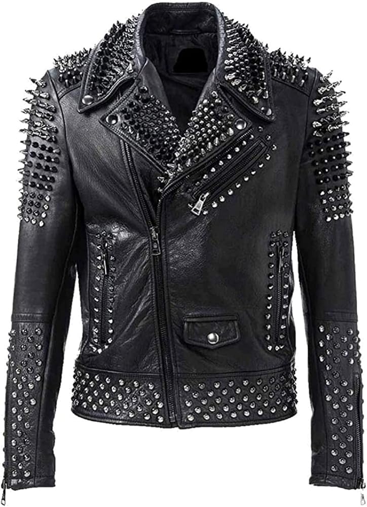 ZA-Fashed Rock Punk Studded Spike Black jacket, Black - Real
