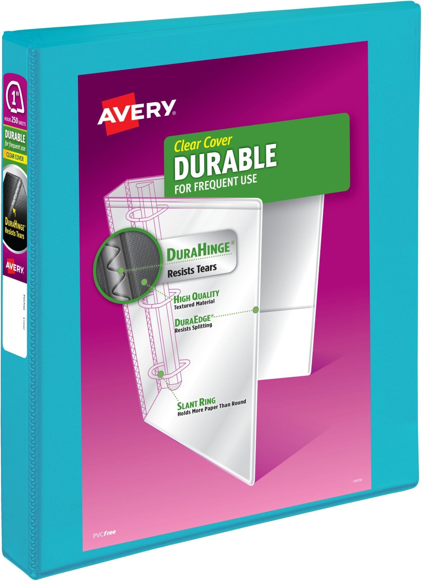 Avery Durable View 3 Ring Binder, 1 Inch Slant Rings, 250-Sheet Capacity, DuraHinge, 1.4 Inch Wide Spine, Customizable Clear Covers and Spine, 1 Bright Aqua Blue Binder (17295) (Pack of 6)