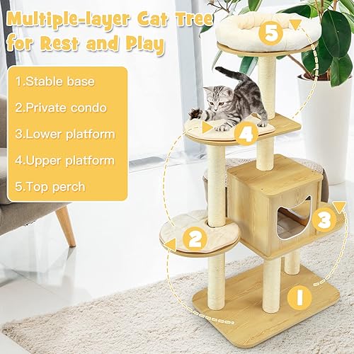 Miniatura 2 de PETSITE Árbol para gatos de 53 pulgadas de alto, torre moderna de madera para gatos con postes rascadores de sisal, condominio para gatos,